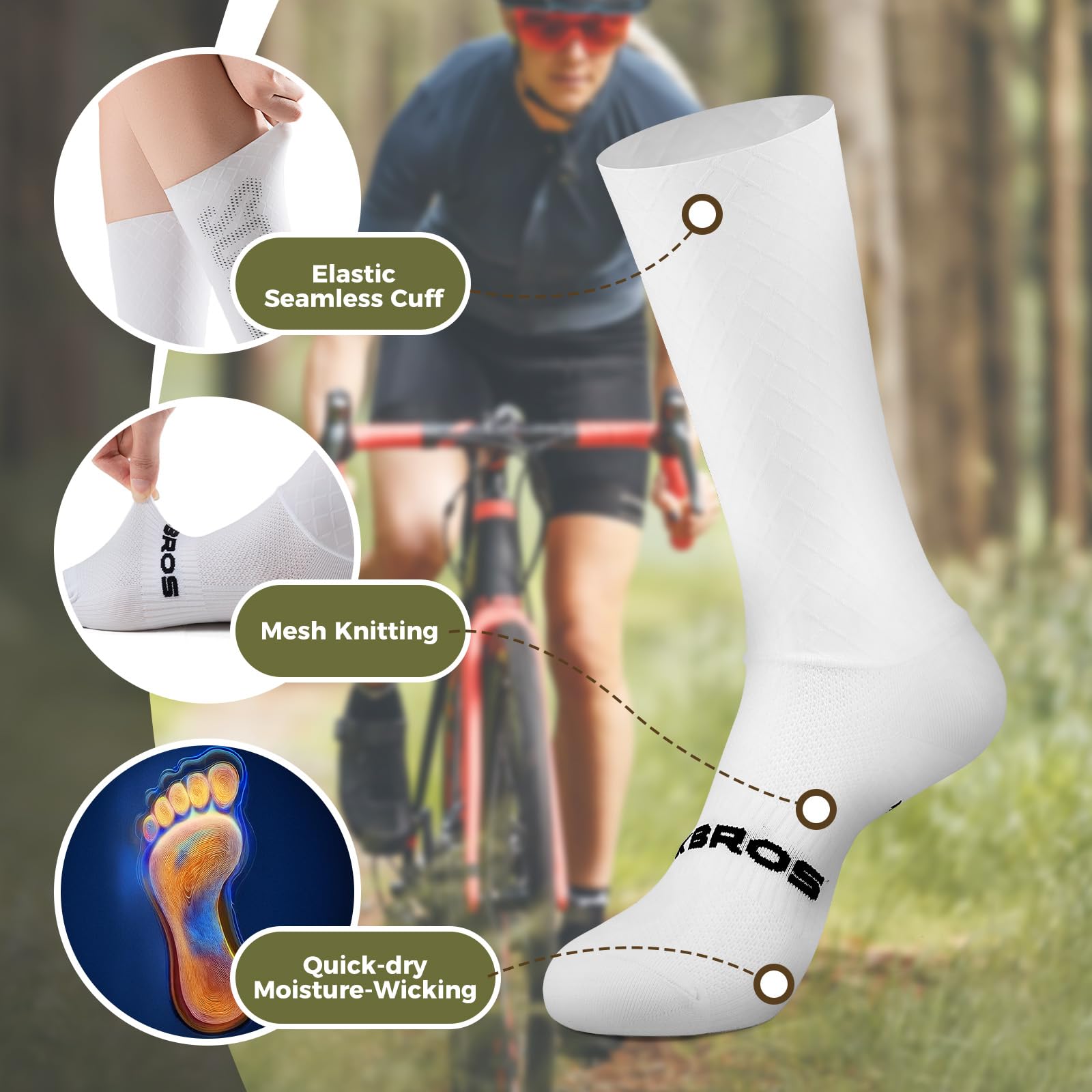 ROCKBROS Chaussettes Vélo Route VTT Aéro Compression Antibactériennes Anti-Odeur Séchage Rapide Cyclisme Course Randonnée