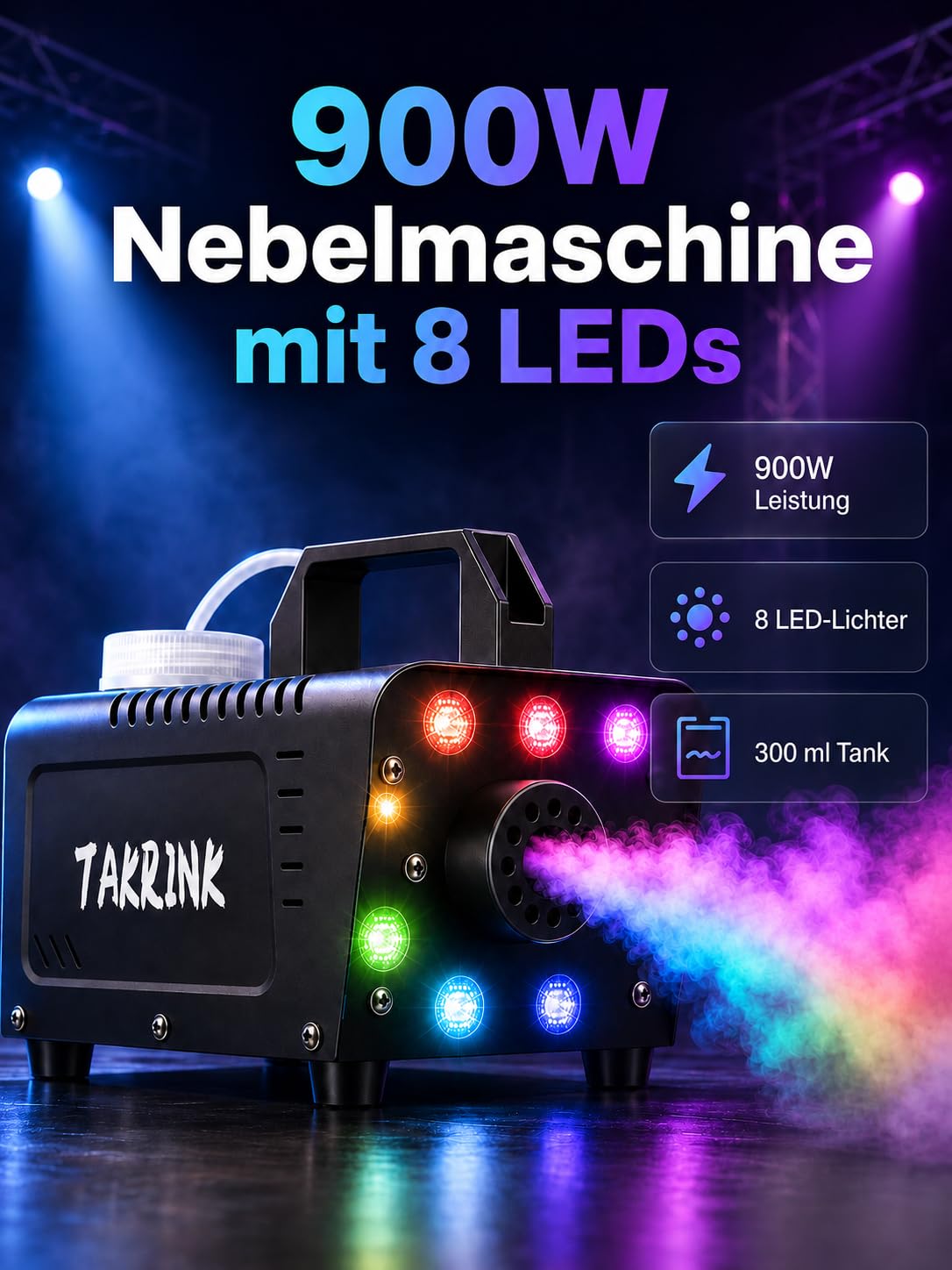 TAKRINK 900W Nebelmaschine Rauchmaschine Nebel Maschine 16 Farben RGB Lichteffekt Mini Nebelmaschine mit Fernbedienung für DJ Disco Party, Hochzeiten, Halloween und Bühnenshows(Standard) | 8 LED RGB 16 Farben Rauch Effekt Licht 0,3 L Tank und Fernbedienun