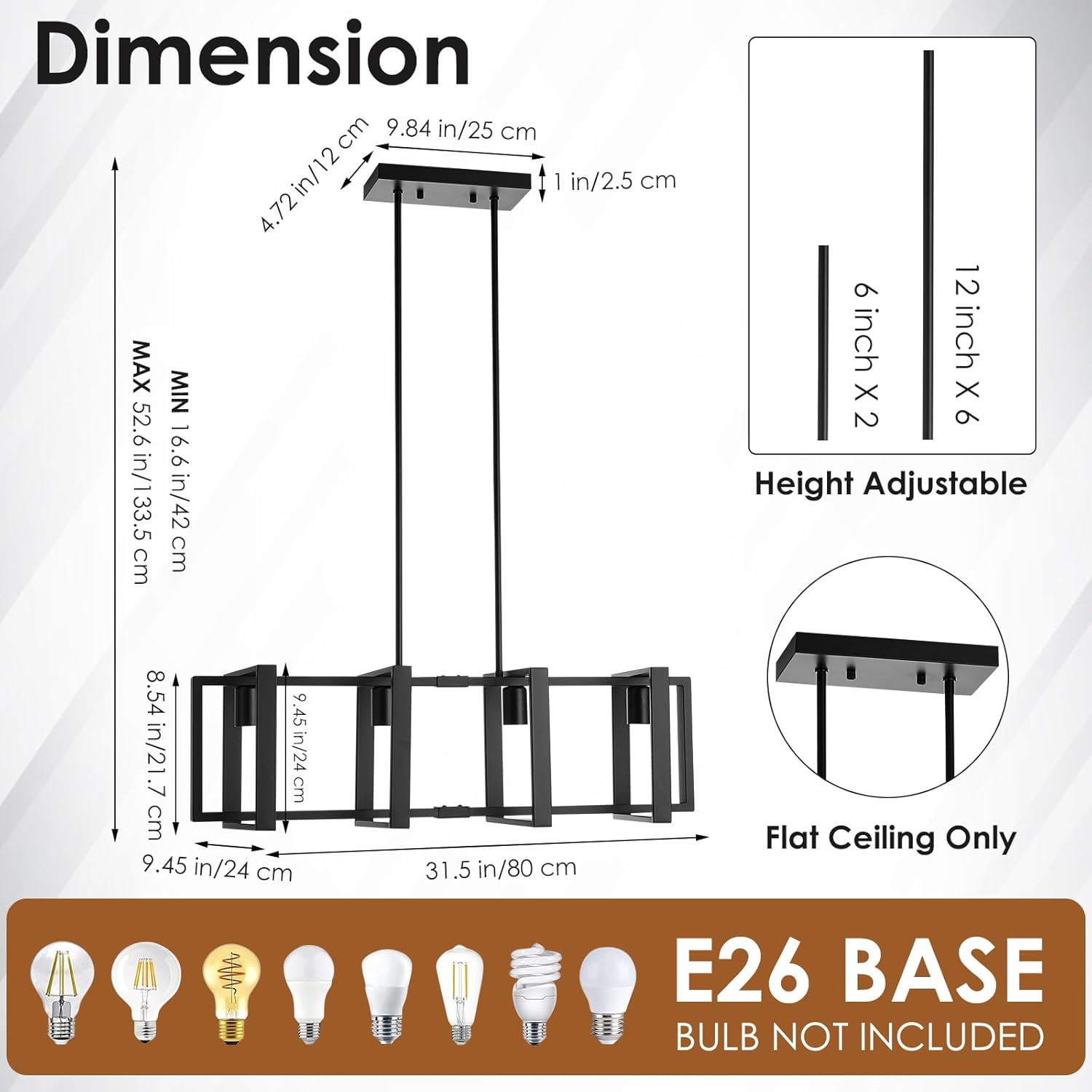 Dining Room Light Fixture, 4-Light Kitchen Island Lighting, Height Adjustable Island Lights For Kitchen, Black Linear Chandeliers For Dining Room, Metal Farmhouse Chandelier for Living Room(No Bulb)