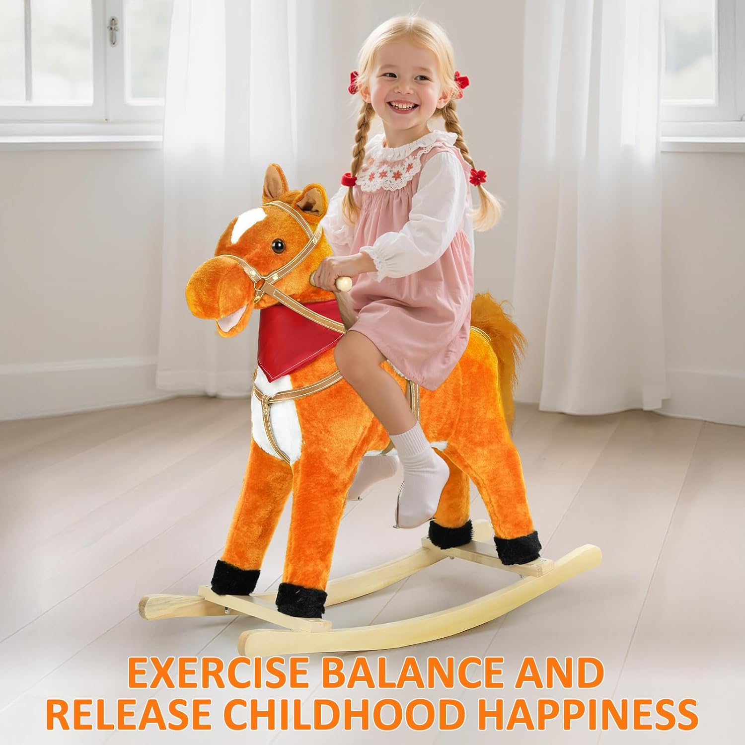Rocking Horse Ages 1-3,Plush Ride on Animal with Wooden Rockers for Kids, Moving Mouth and Wagging Tail, Musical Sounds, Baby Rocking Chair, 50kg Weight Capacity, Ages 1-6 (Light Brown, M)