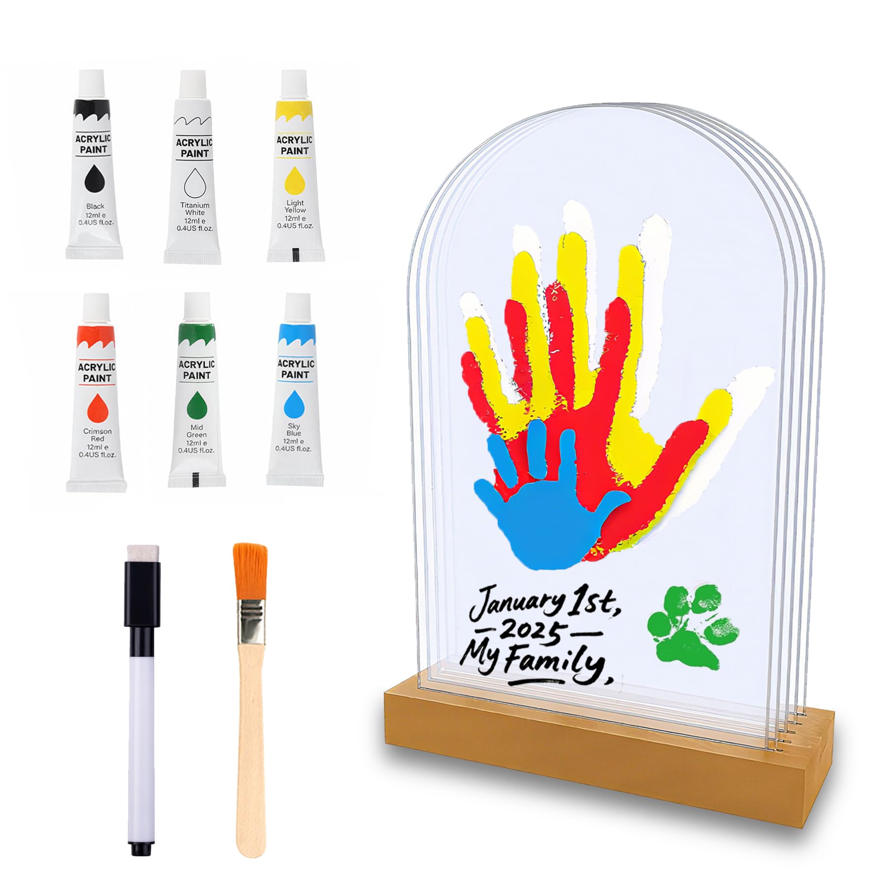 Kit d'empreintes de Mains et Pied Bébé 5 Panneaux Plexiglas Base Bois Souvenir DIY