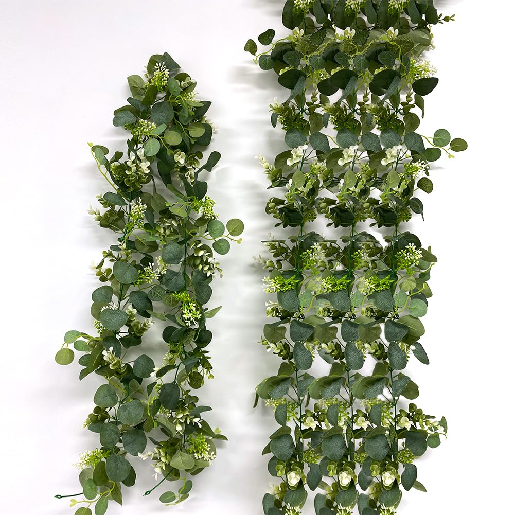 Künstliche Eukalyptus-Girlande mit weißen Blumen und Beeren, 1,5 m, künstliche Silber-Dollar-Girlande, Reben, künstliche Eukalyptusblätter für Zuhause, Hochzeitsbogen, Tischläufer,
