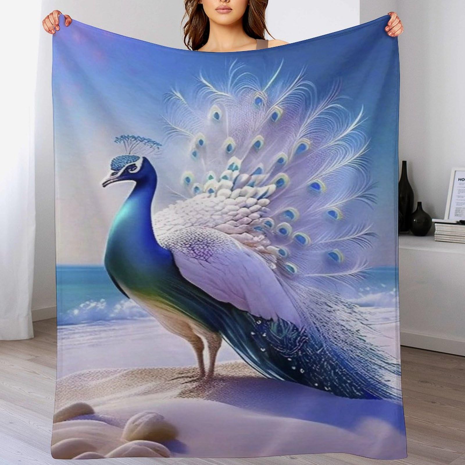 Couverture paon en flannel 130x150 cm pour canapé et fauteuil