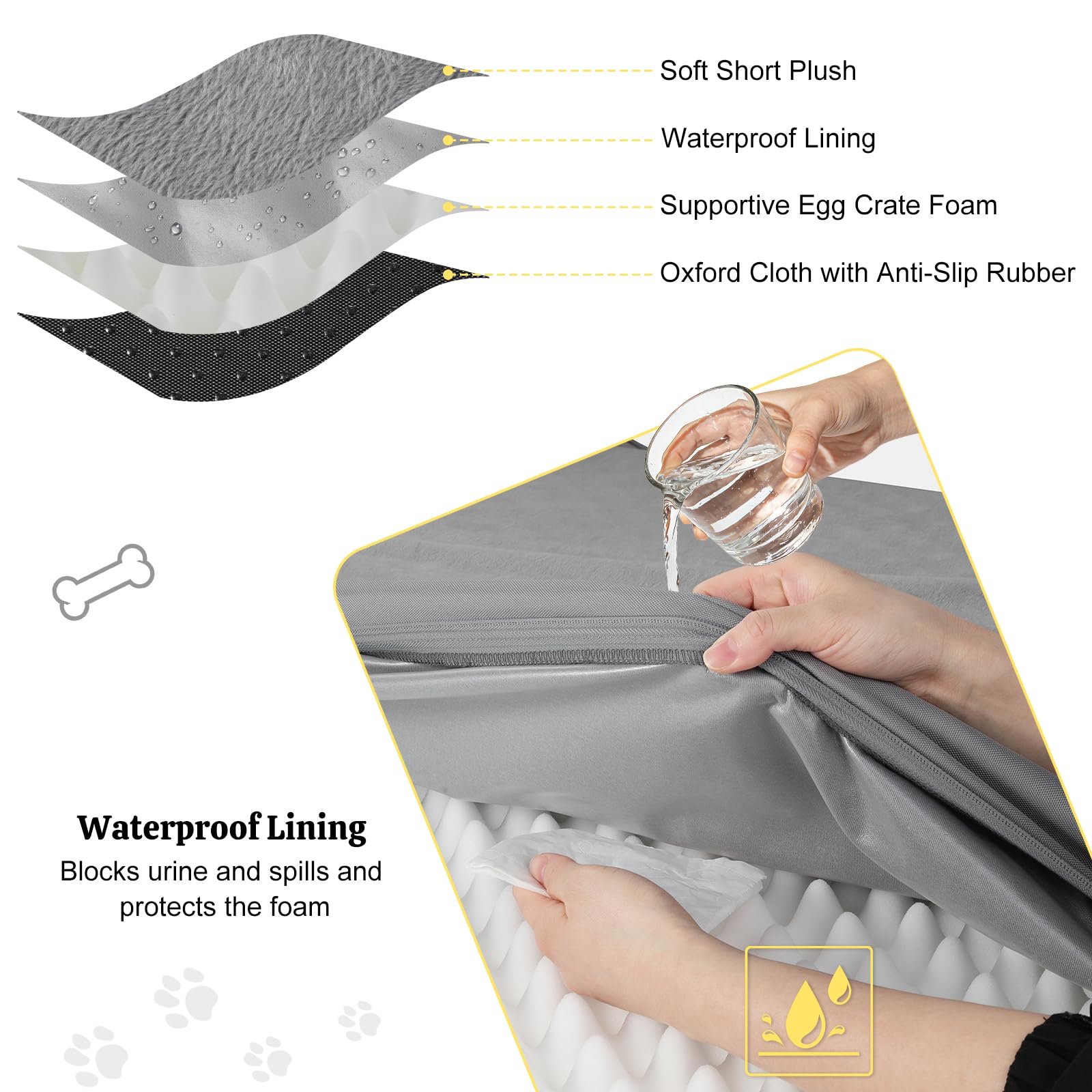 Cama Ortopédica para Perro 112x81cm, Colchón Grande Impermeable para Mascotas, Cama con Funda Suave Extraíble y Lavable, Espuma Tipo Huevo, Base Antideslizante para Perros Grandes, Gris