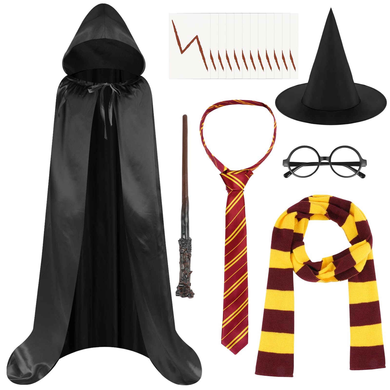 AUYAO 7 Pcs Wizard Costume Wizard Outfit, Wizard Robe Wizard Fancy Dress Up Costume with Magic Wand Black Cape Scarf Glasses Tattoo Sticker Tie Hat Cosplay Outfit for World Book Day Halloween Girl Boy