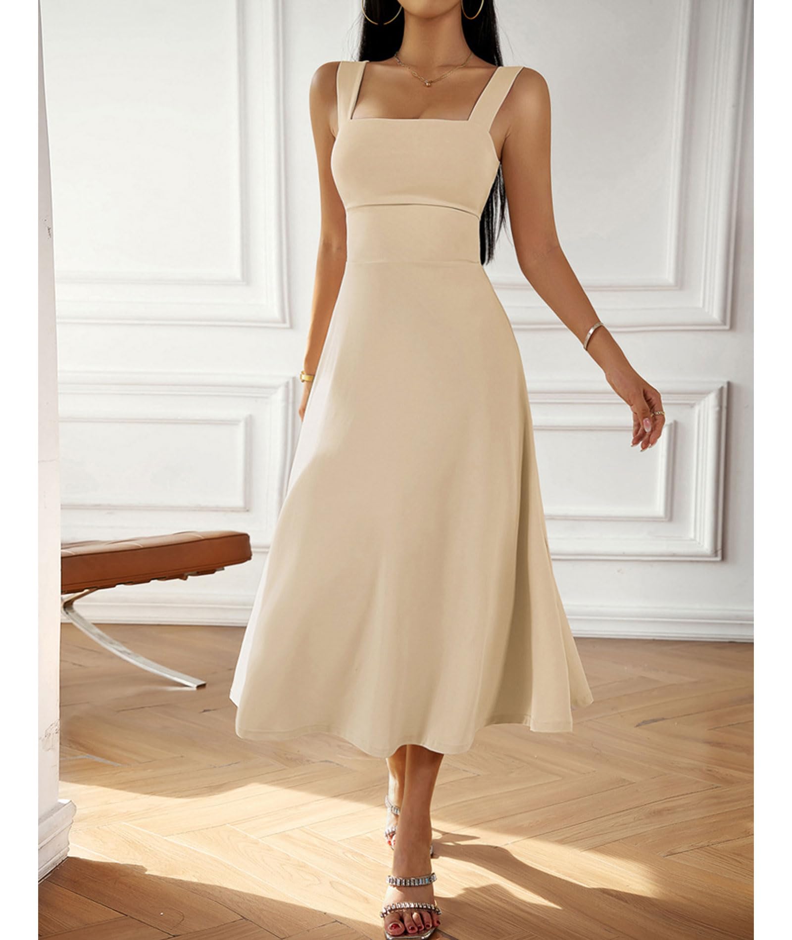 xxxiticat Abito da donna elegante midi 2024 casual, senza maniche, scollo quadrato, linea ad A, abito da cocktail