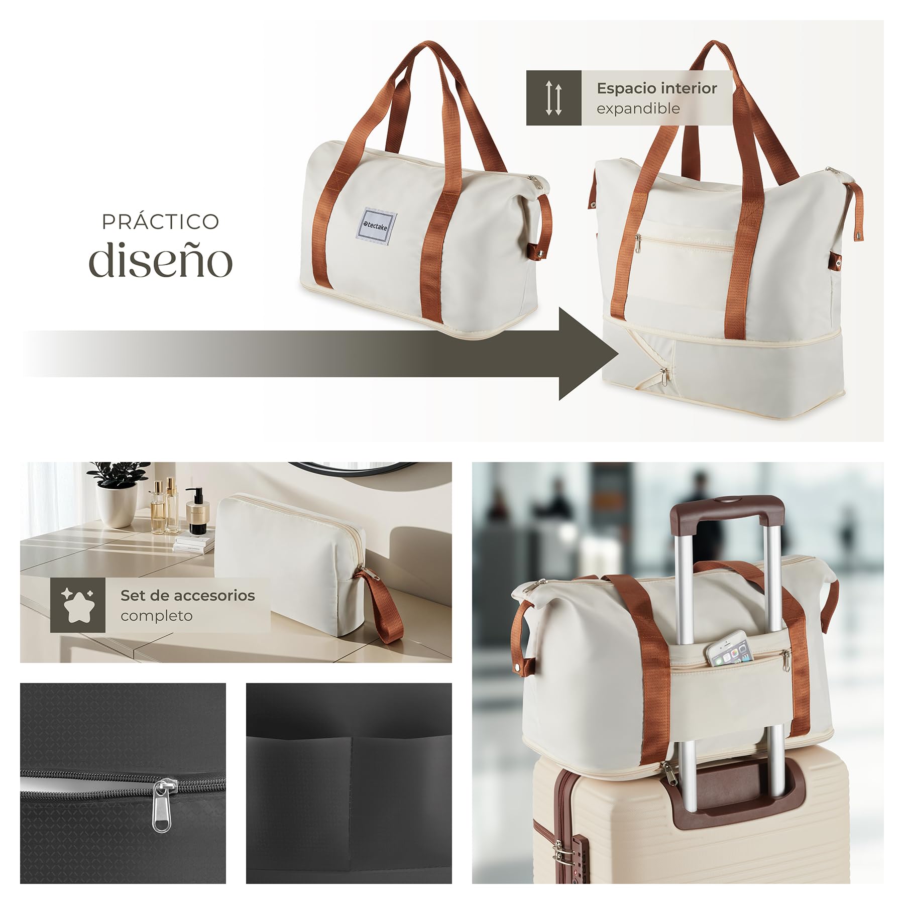 tectake® Juego de Maletas de 13 Piezas, Maleta Grande, Mediana y de Mano, Maletas de Viaje en ABS e Imitación Cuero, Cerradura TSA, Ruedas 360°, Set de Maletas Apilables, Accesorios Viaje - Crema