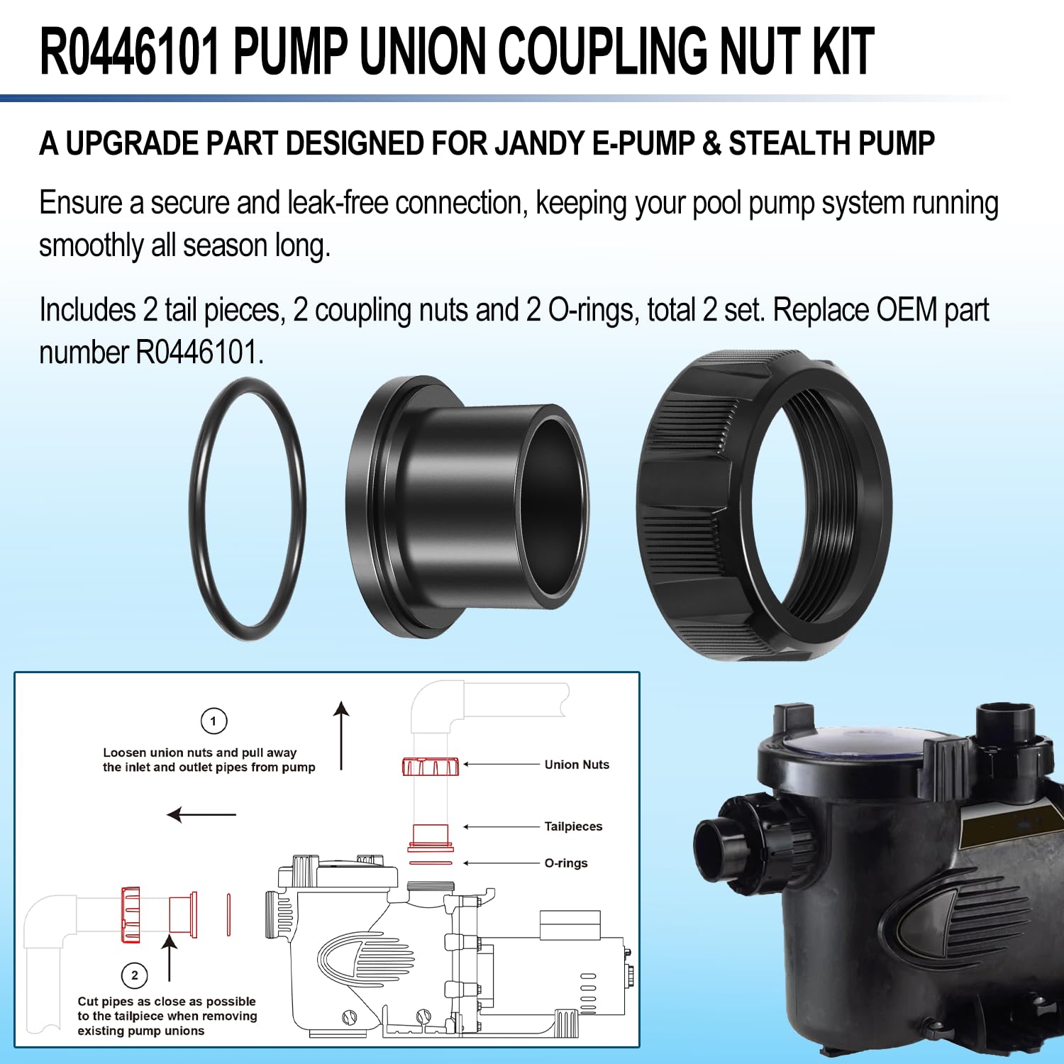 2 Set R0446101 Pump Union Coupling Nut Kit with Tail Piece and O-Ring Replacement Fitting Parts Fit for Zodiac Jandy E-Pump Variable Speed Pump JEP and Stealth SHPF SHPM Series Pool Pumps