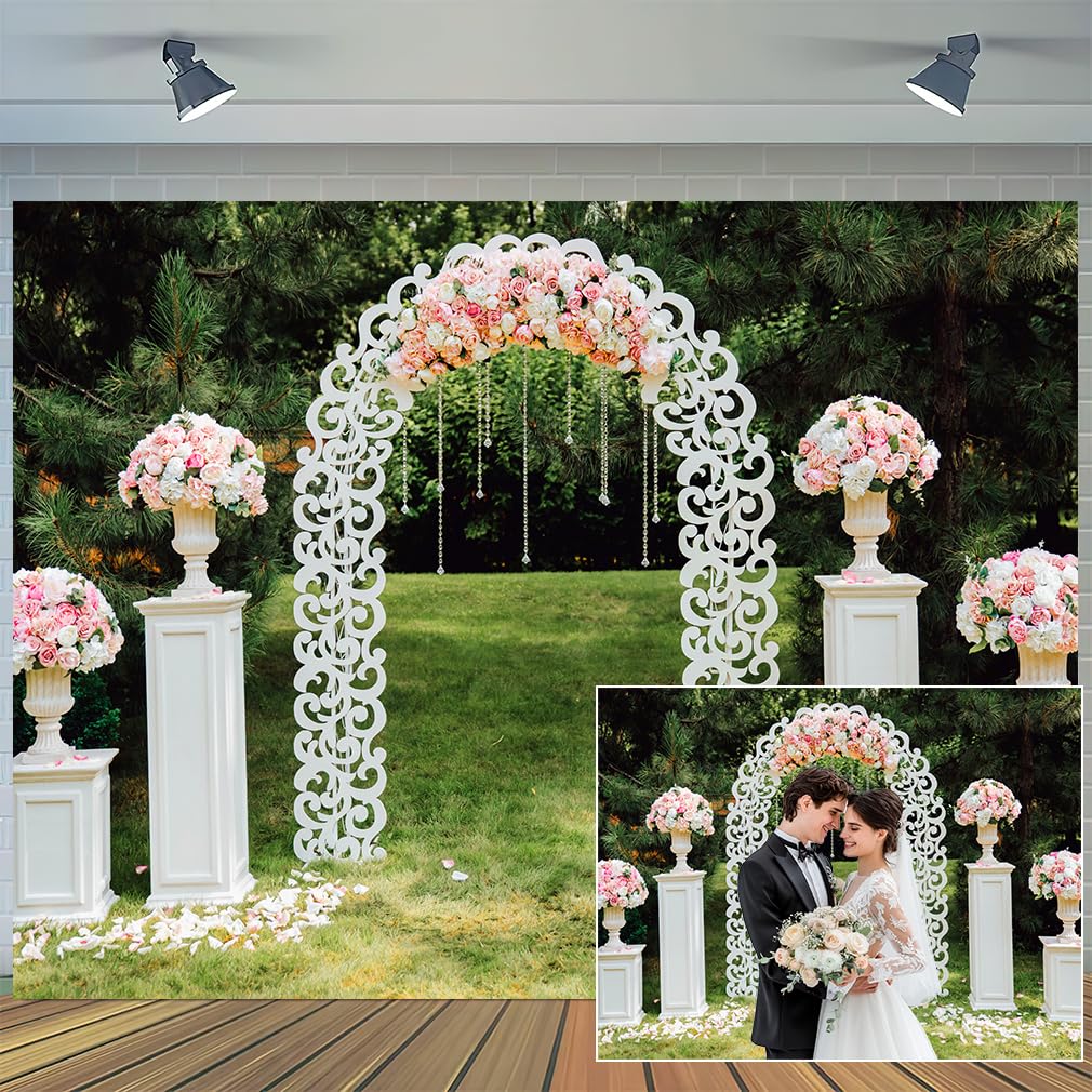 8X6ft Wedding Backdrop Wedding Flowers Photography Background, Wedding Arch Pink Rose Backdrop, White Flower Wall Backdrop Rose Floral Wall Wedding