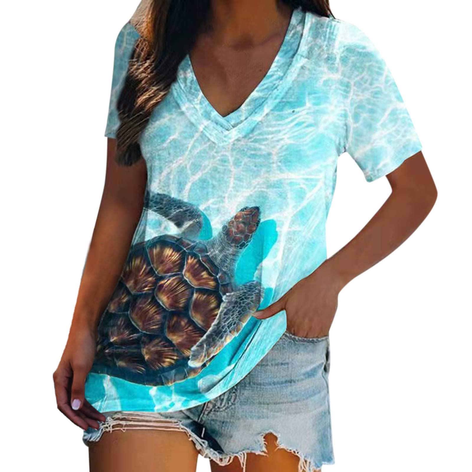 Women Summer Tops Sea Turtle Printed Short Sleeve V-Neck T Shirts Coastal Tees Holiday T-Shirt Casual Loose Fit Blouse