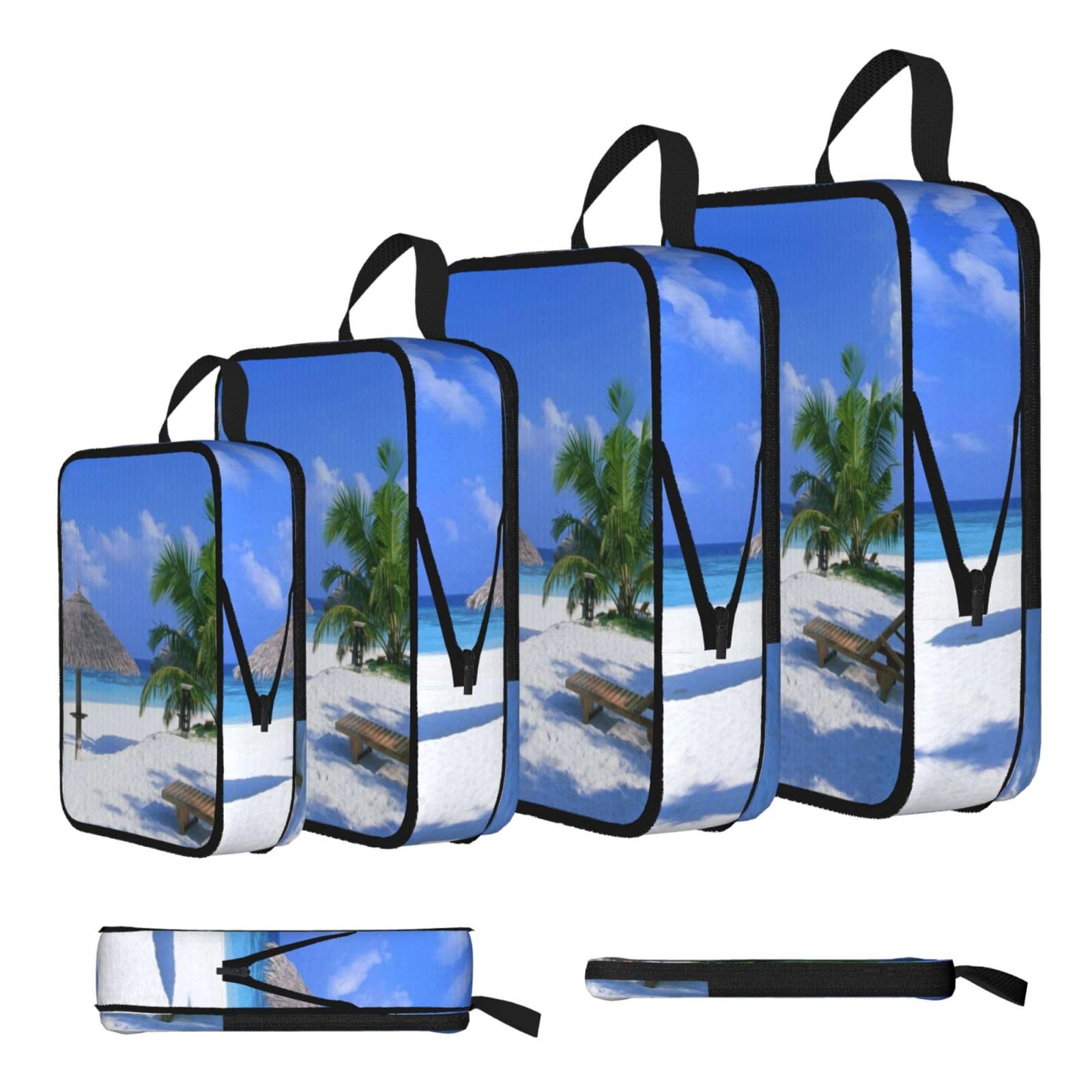 Beach Coconut Tree Palm Chair Print Compression Packing Cubes 4-Piece Set With Multi- Compartment Travel Bag, Waterproof Suitcase Organiser Bags