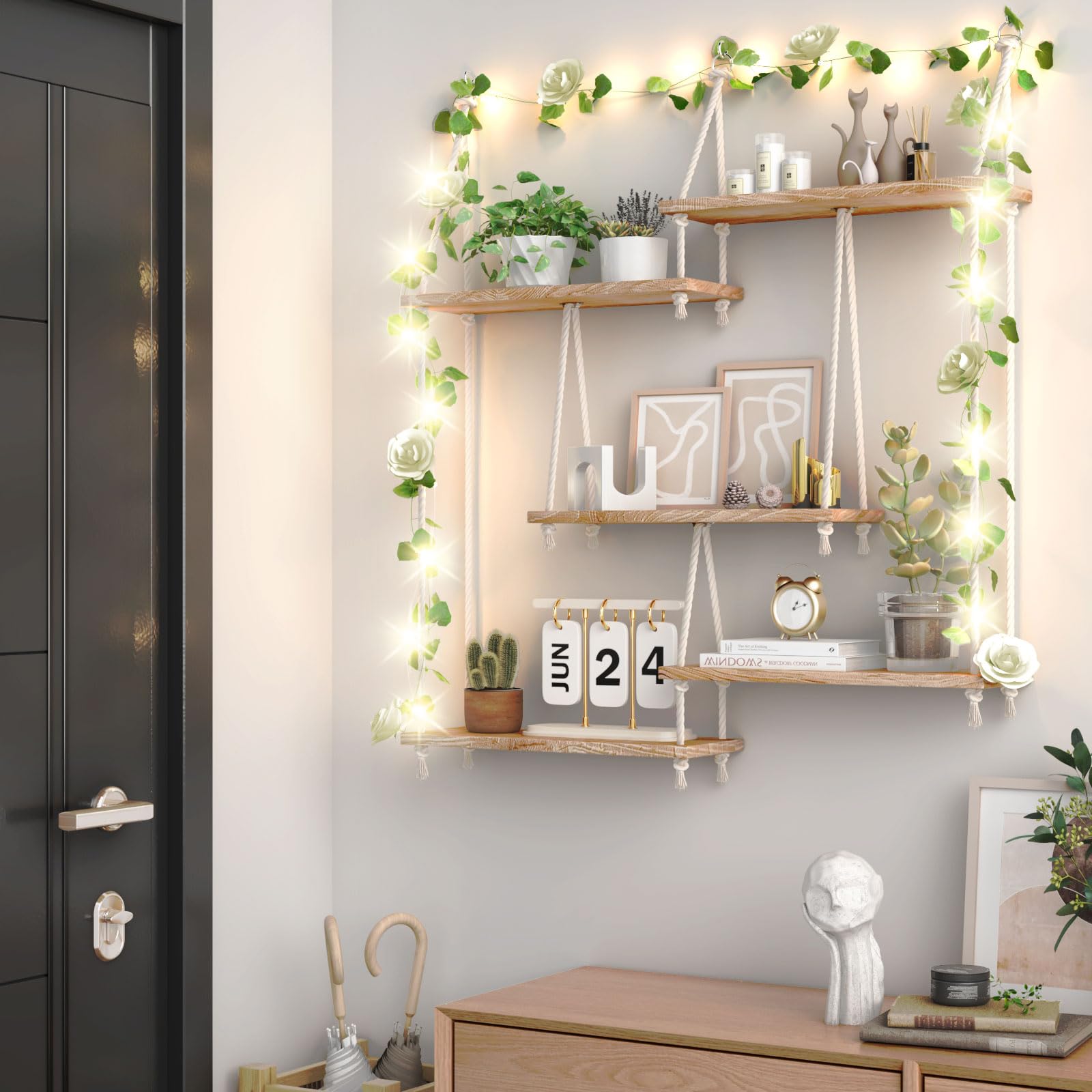 5-stufiges Wandregal Holz für Pflanzen,Makramee Wandbehang Regal Wand für die Wand,Boho Deko Schweberegal Handgewebte Treibholz Hängeregal Für Wohnzimmer Schlafzimmer Badezimmer
