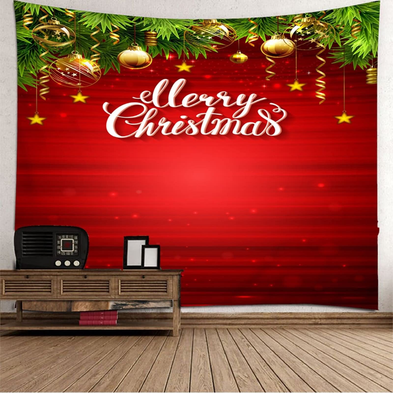 Cuelga Tapices de Pared, Tapiz Decorativo de Navidad Bola de Decoración Navideña Merry Christmas Estrellas Verde Blanco Amarillo Poliéster 350X256cm