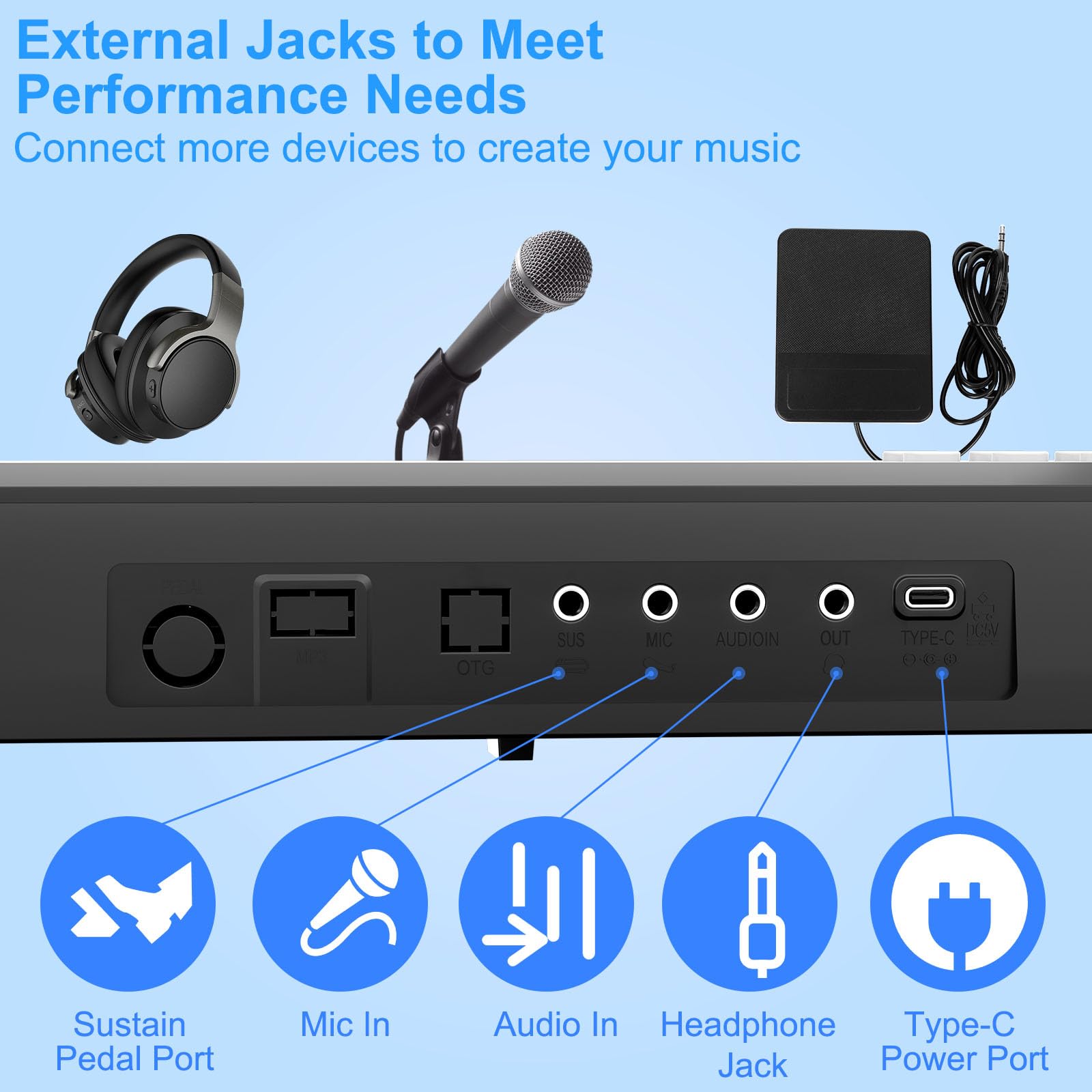 Clavier de piano électronique, pliable, taille complète, 88 touches, avec adaptateur d'alimentation, pédale, support de partition, autocollant, sac, pour débutants, noir