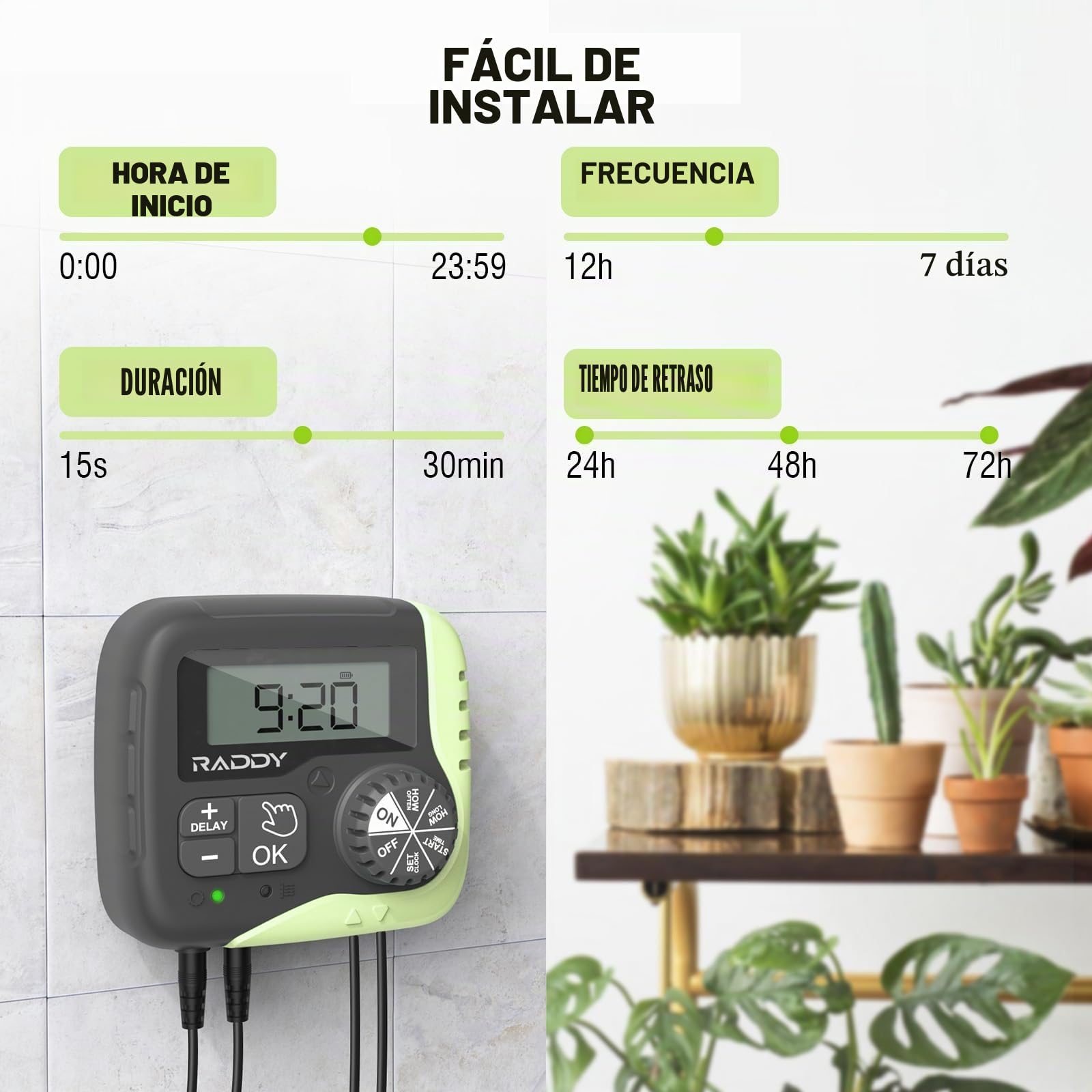 Raddy WS-1 Kit de riego por goteo, sistema de riego automático alimentado por energía solar de 5 W, temporizador de agua fácil para plantas en el balcón, jardines y invernaderos, compatible con 15