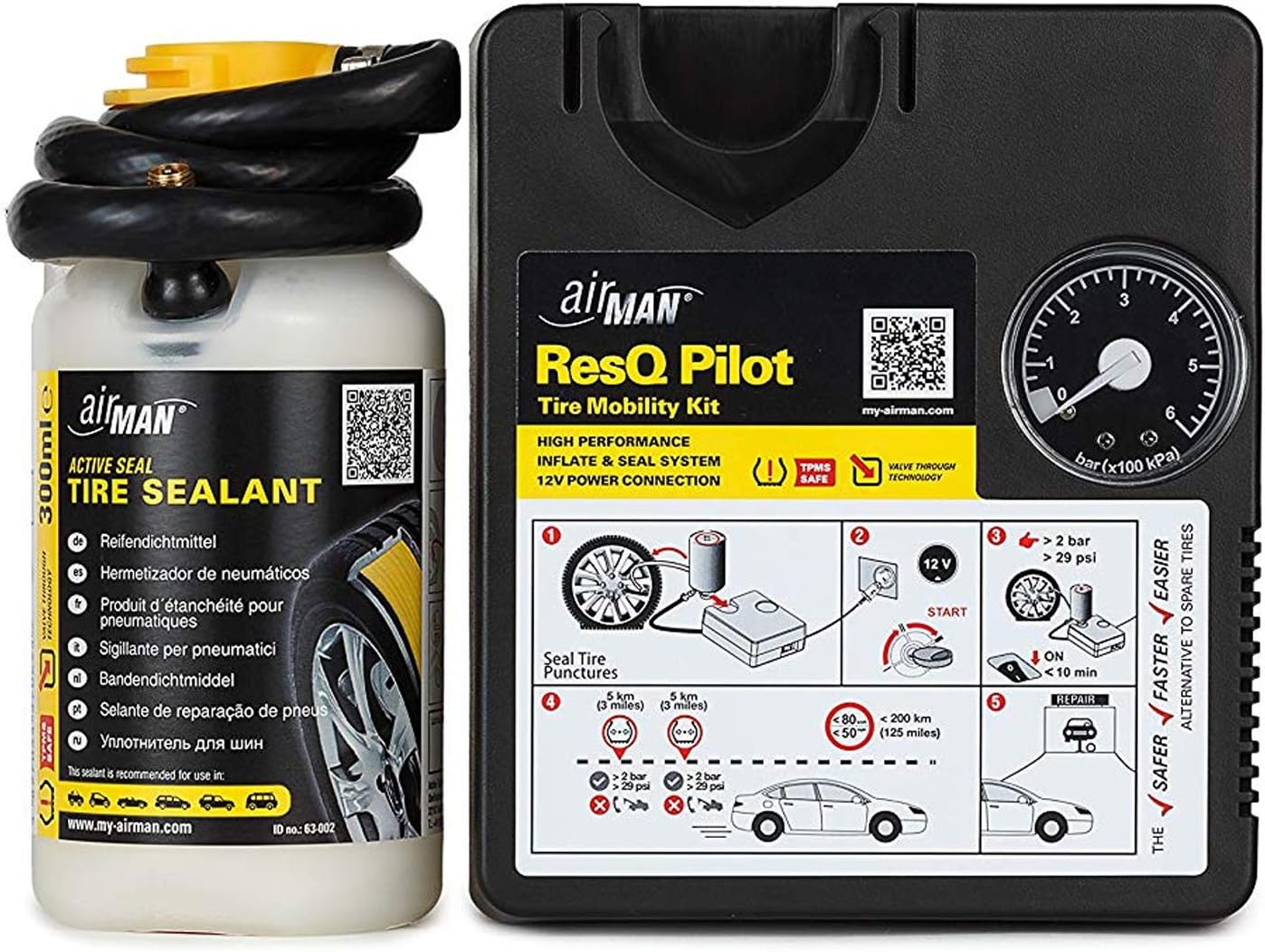 AirMan ResQ Pilot - Tyre Repair Kit: Fix Punctures Up to 6mm, Suitable for Cars & Motorcycles with Wheels Up to 17”