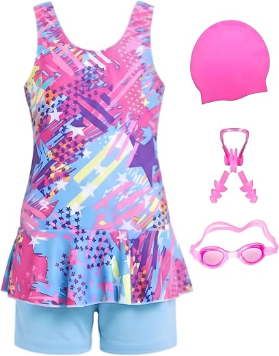 Girls One Piece Skirted Swim Dress with Attached Shorts & Swim Kit | Kids Swimming Costume Set | Cap Goggles Nose Clip Ear Plugs Included | Baby Girls Big Girls Swimwear 2–13 Years