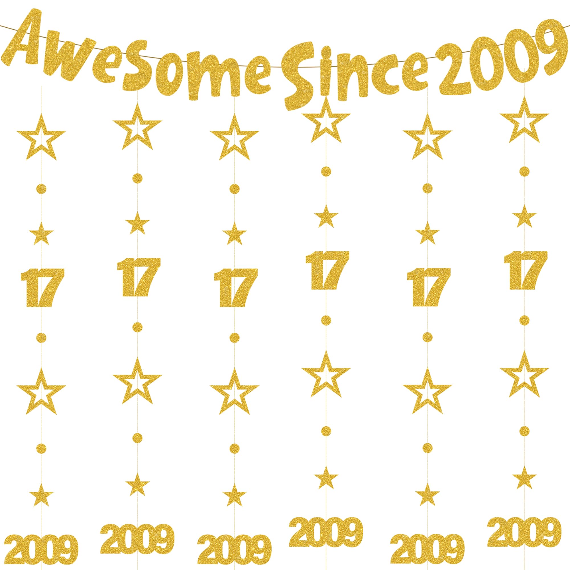 17th Birthday Decorations Boy Girls - 8 Pcs Gold Party Decoration including Awesome Since 2009 Banner and Number 17 Garlands Bunting for 17th Years Old Party Supplies