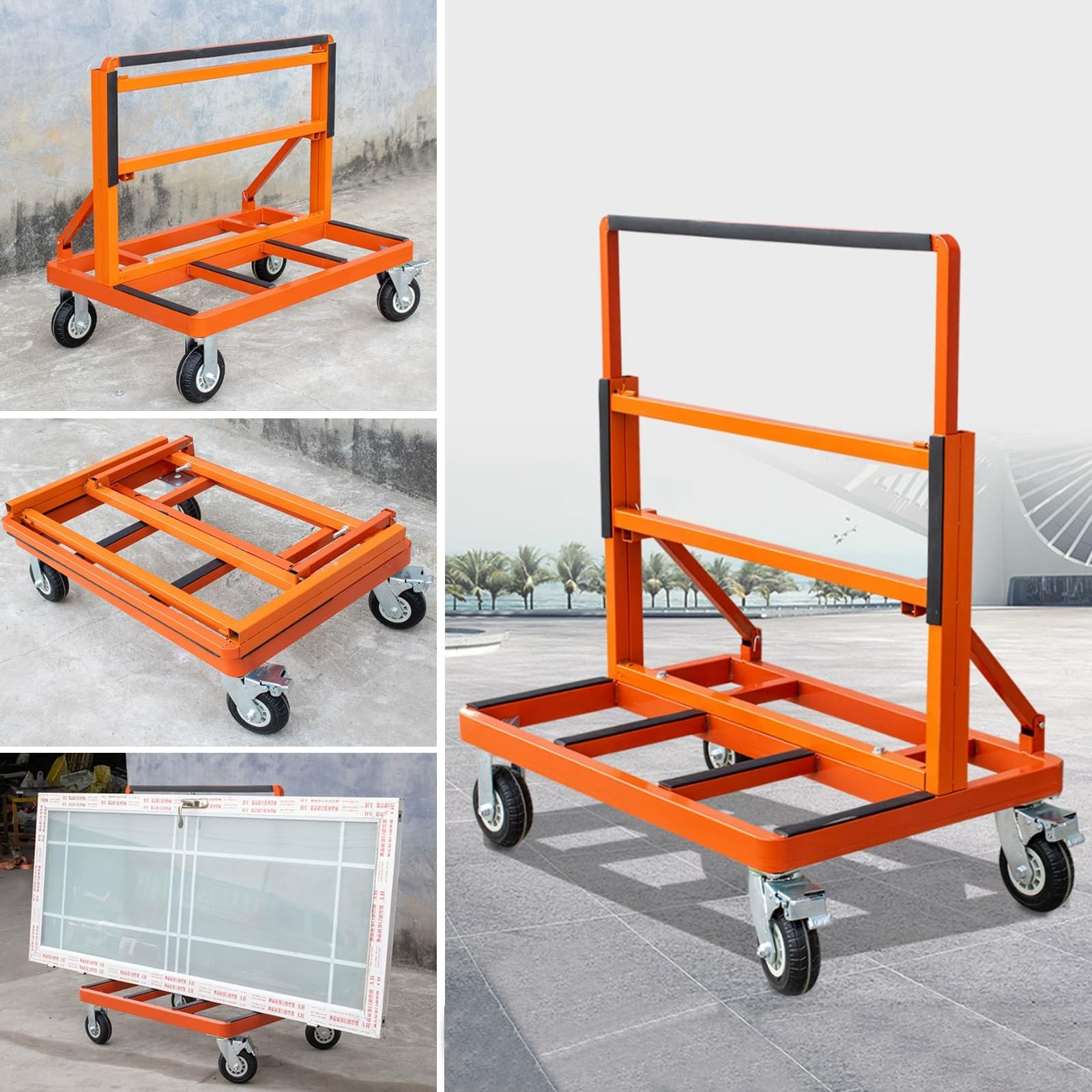 Portátil Plegable Carro para Placas Capacidad de Carga de 800 kg | Carro para Puertas, Altura Ajustable, 4 Ruedas Giratorias con Freno, para Contrachapado de Ventanas(6in wheel)