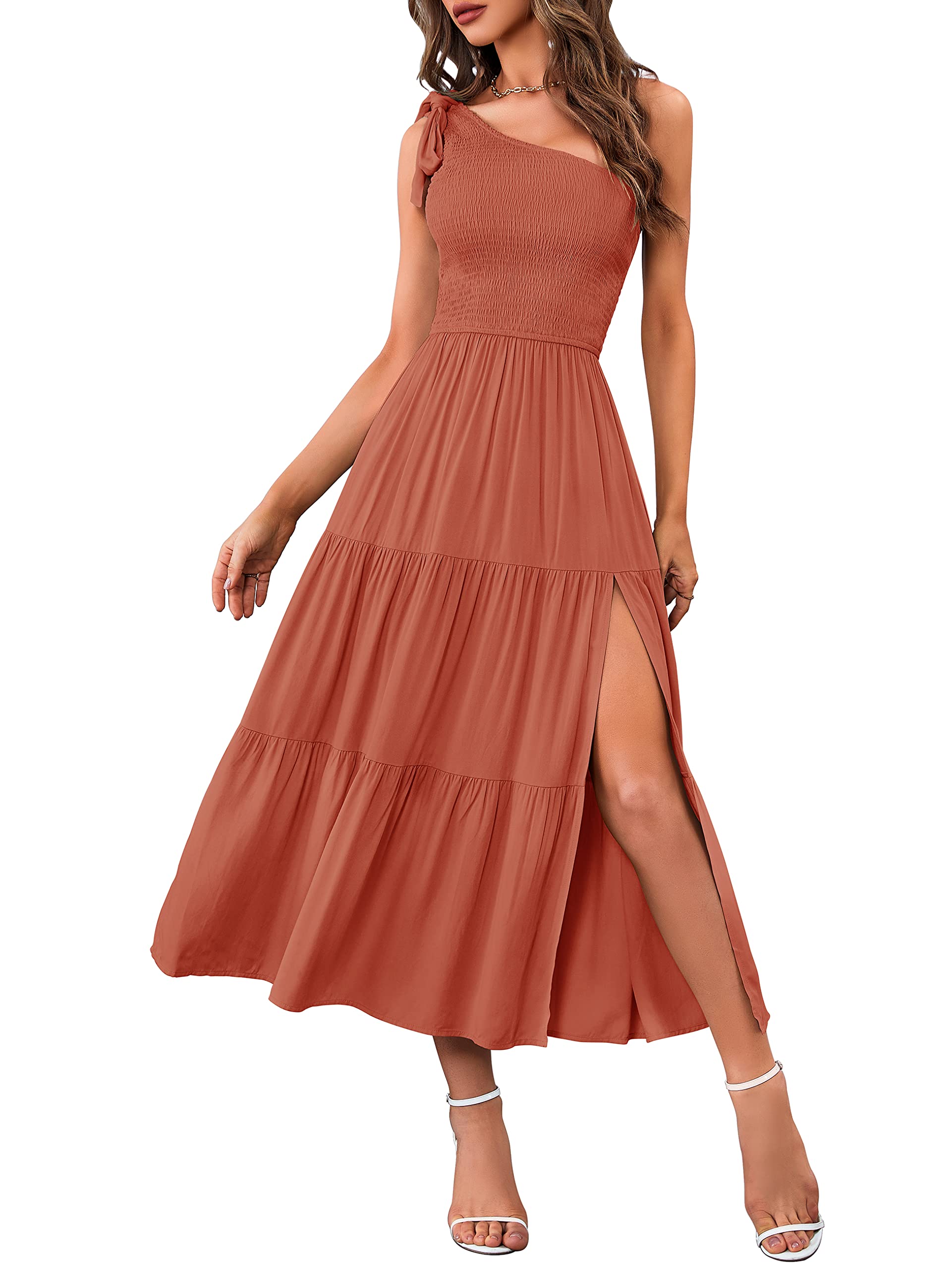 MEROKEETY Women's Summer One Shoulder Sleeveless Knot Smocked Midi Dress Split Tiered Flowy Dresses