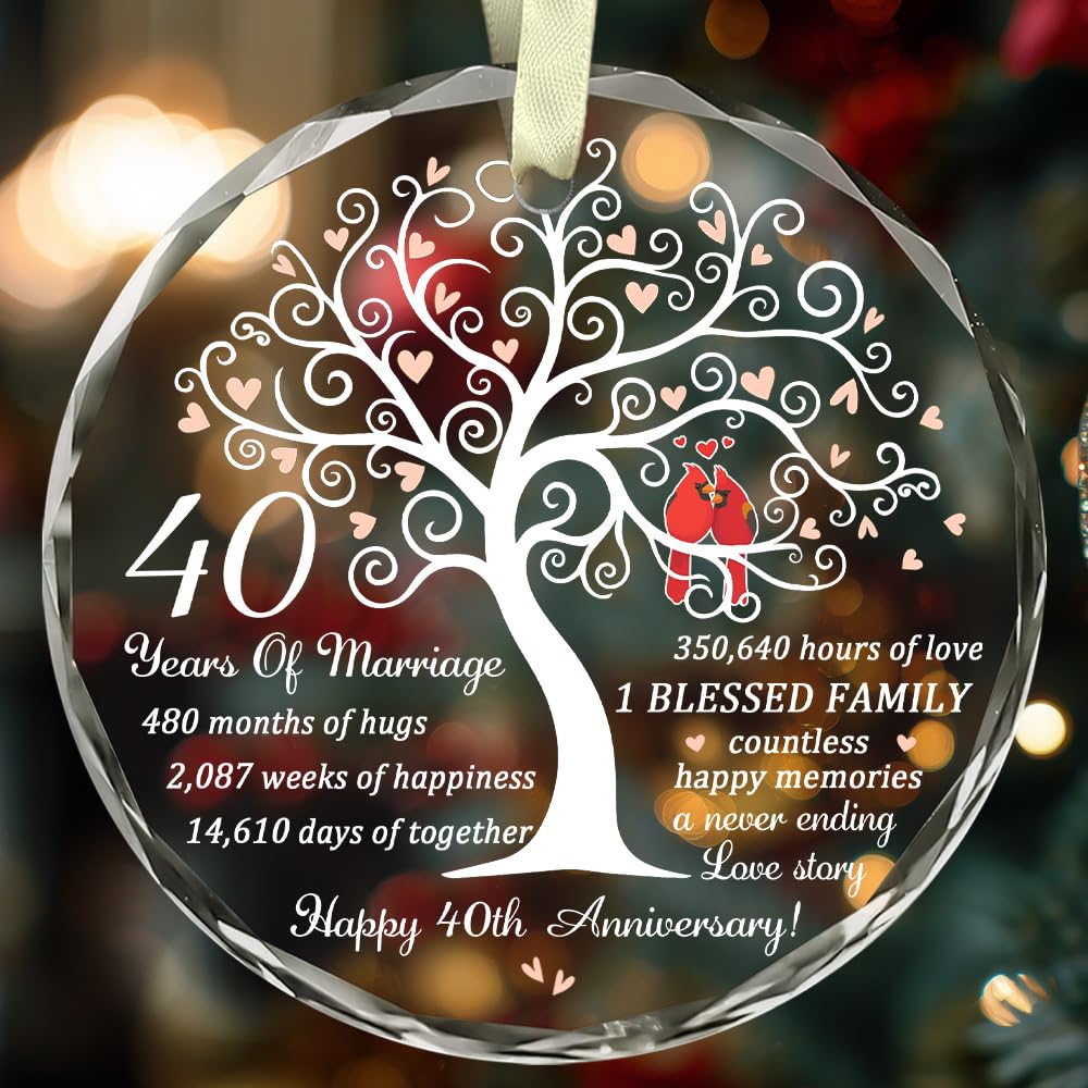 40th Wedding Gift for 40th Anniversary - Ruby Anniversary - 40 Years of Marrige Gift Idea for Couple - Happy 40th Anniversary Glass Ornaments - Gifts for Wife, Husband