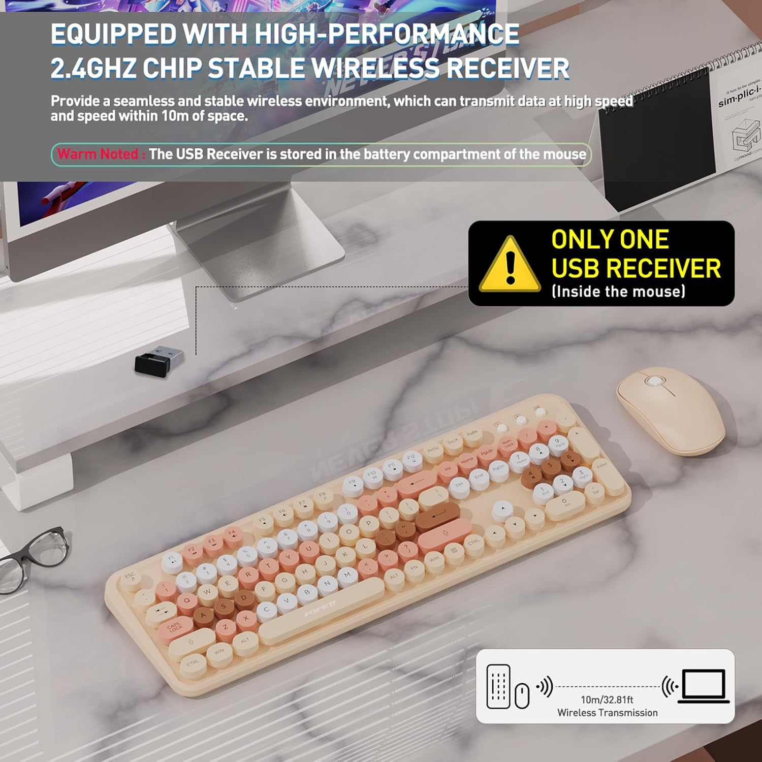 Wireless Keyboard and Mouse Combo with Switch Button- 2.4GHz Cordless Typewriter Keyboard | Auto-Sleep | USB Receiver for Windows PC/Laptop - Milk Tea Colorful