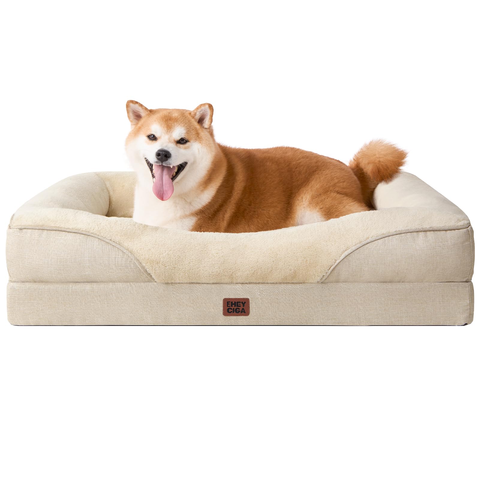 EHEYCIGA Memory Foam Cuccia Cane Interno Taglia Grande, Impermeabile Divano per Cani Sfoderabile e Lavabile, Letto per Cani con 4 Bordi Rialzati, Beige, 91x68x17.5cm
