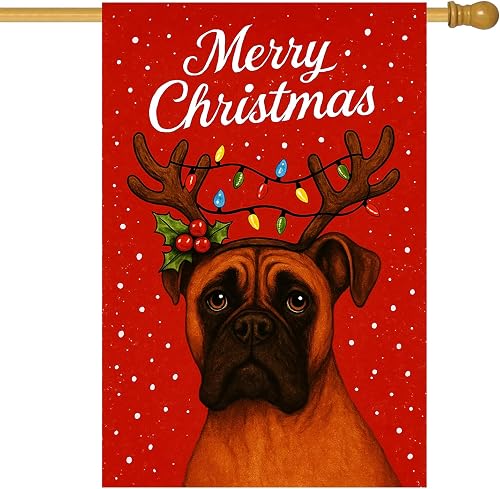 BlissYard Merry Christmas Garden Flag Boxer Dog Red Background Reindeer Antlers 