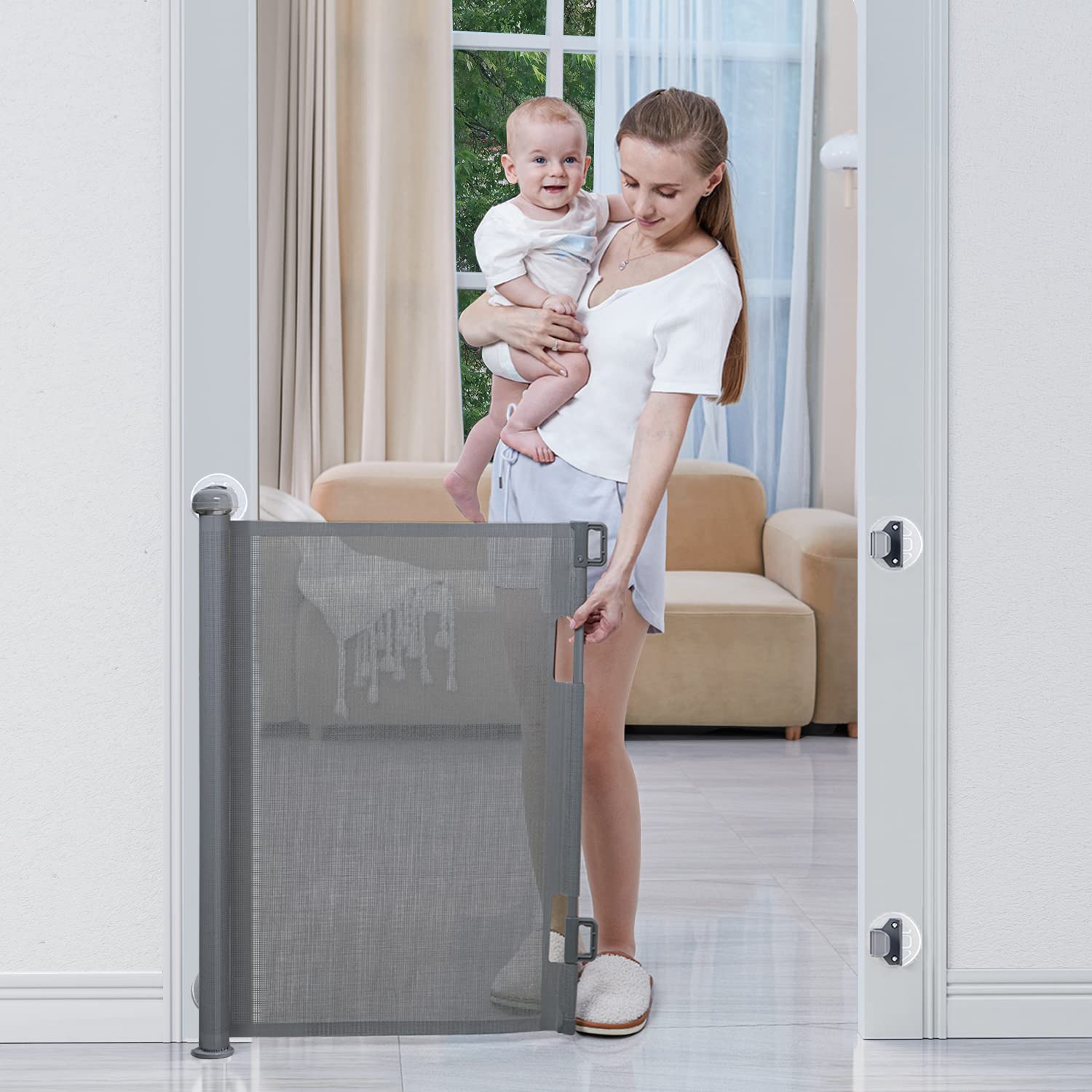 BabyBond Retractable Baby Gates, Punch-Free Install Extra Wide 55' X 33' Tall for Kids or Pets Indoor and Outdoor Dog Gates for Doorways, Stairs, Hallways, Grey