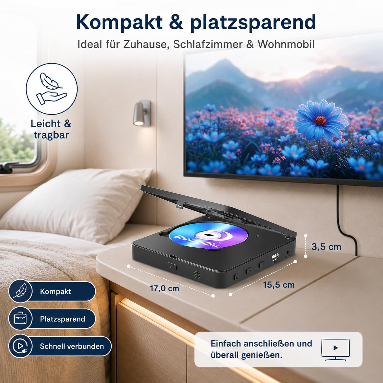 Lecteur Blu Ray 1080P Blu Ray pour home cinéma - Lecture de tous les DVD et région B 2 Blu Rays - Prise en charge d'une clé USB 128 Go avec sortie HDMI et AV - Convertisseur PAL NTSC et câble de