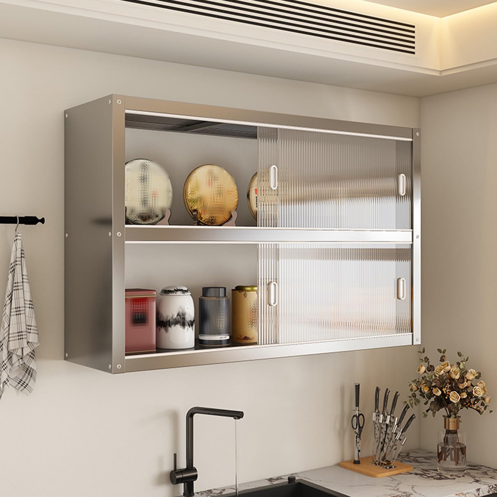 Meuble Haut de Cuisine Matériaux Acier Inoxydable et Acrylique Meuble Suspendu Salle de Bain avec Portes Coulissantes for Les Garages, Les Caves et Les Entrepôts Charge Maximale 25 Kg(100*30*70cm)
