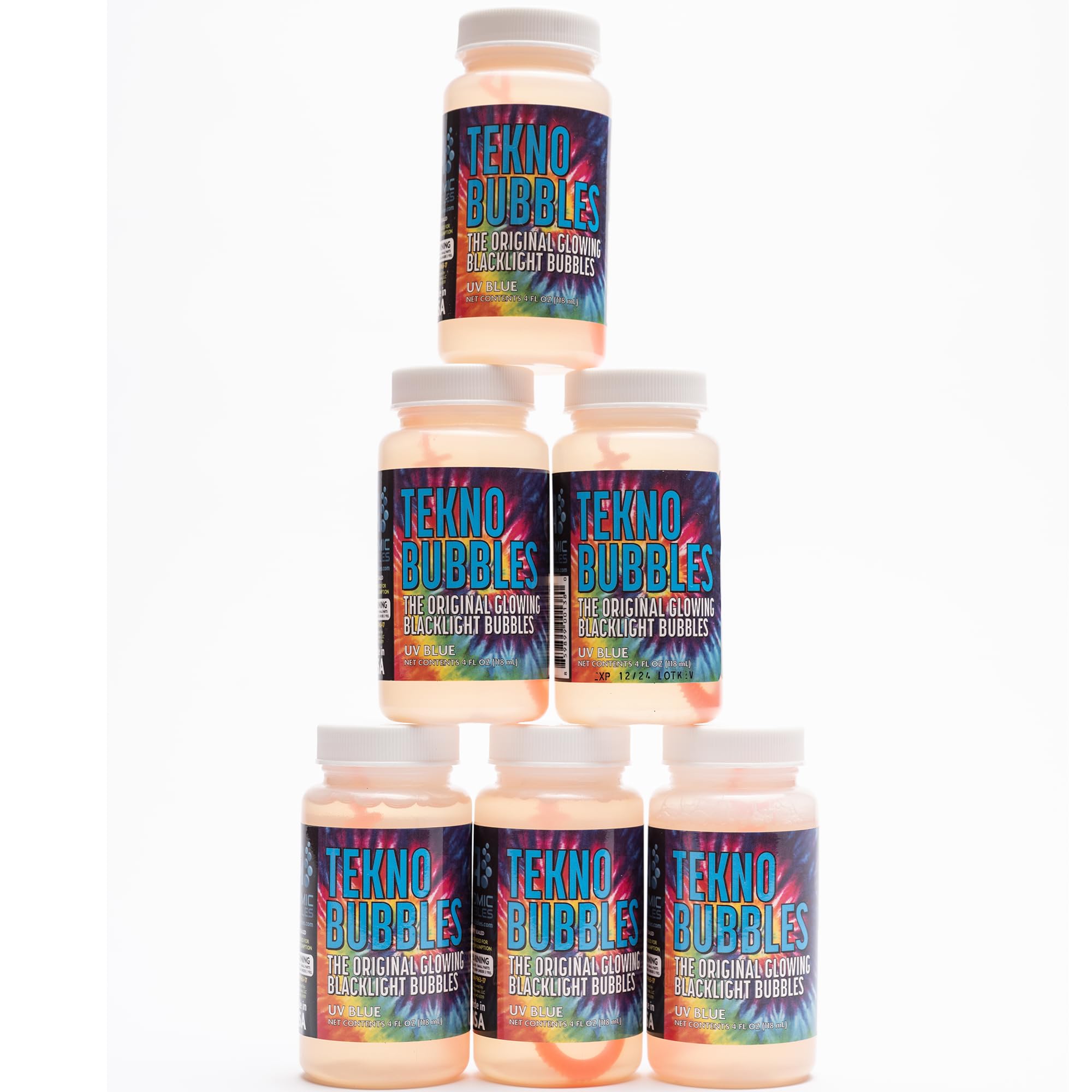 Atomic BubblesTekno Bubbles - Blue 6 Pack - 4oz Bottles, UV Blacklight Glow Bubbles, Glow Parties, Indoor & Outdoor, Safe for Kids, Non-Toxic