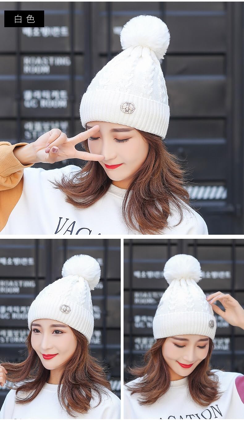 RR DESIGN Unisex Beanie Hat Slouchy Warm Knitted Winter Hat Ski Hat Skull Cap Baggy Bobble for Men & Women. One Size (White POM POM)