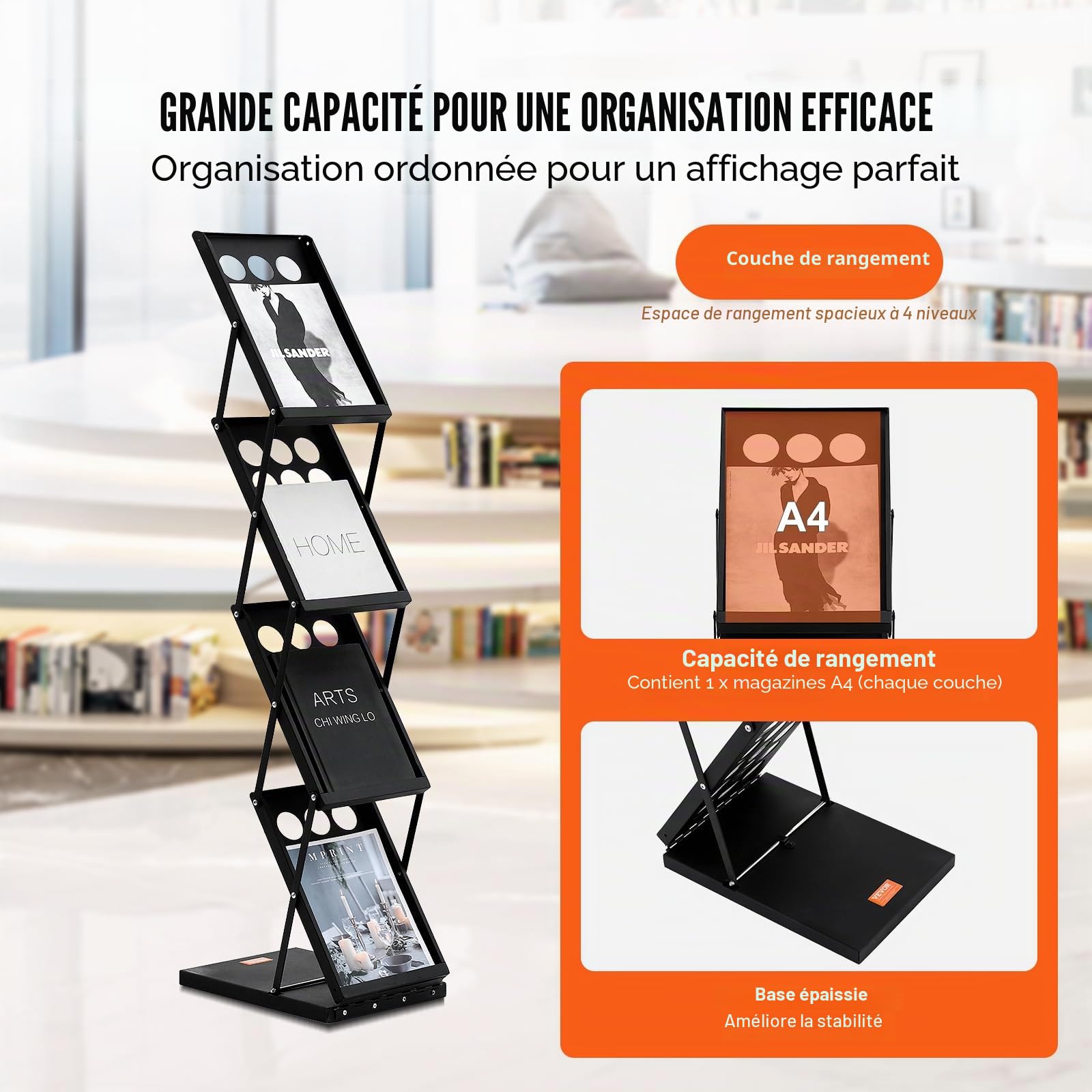 VEVOR Présentoir à Brochures Pliable, Porte-Brochures sur Pied 4 Niveaux, Porte-Revues Magazines Journaux Léger et Portable avec Sac de Transport, pour Magasin Bureau Salon Foire Exposition, 4 Poches
