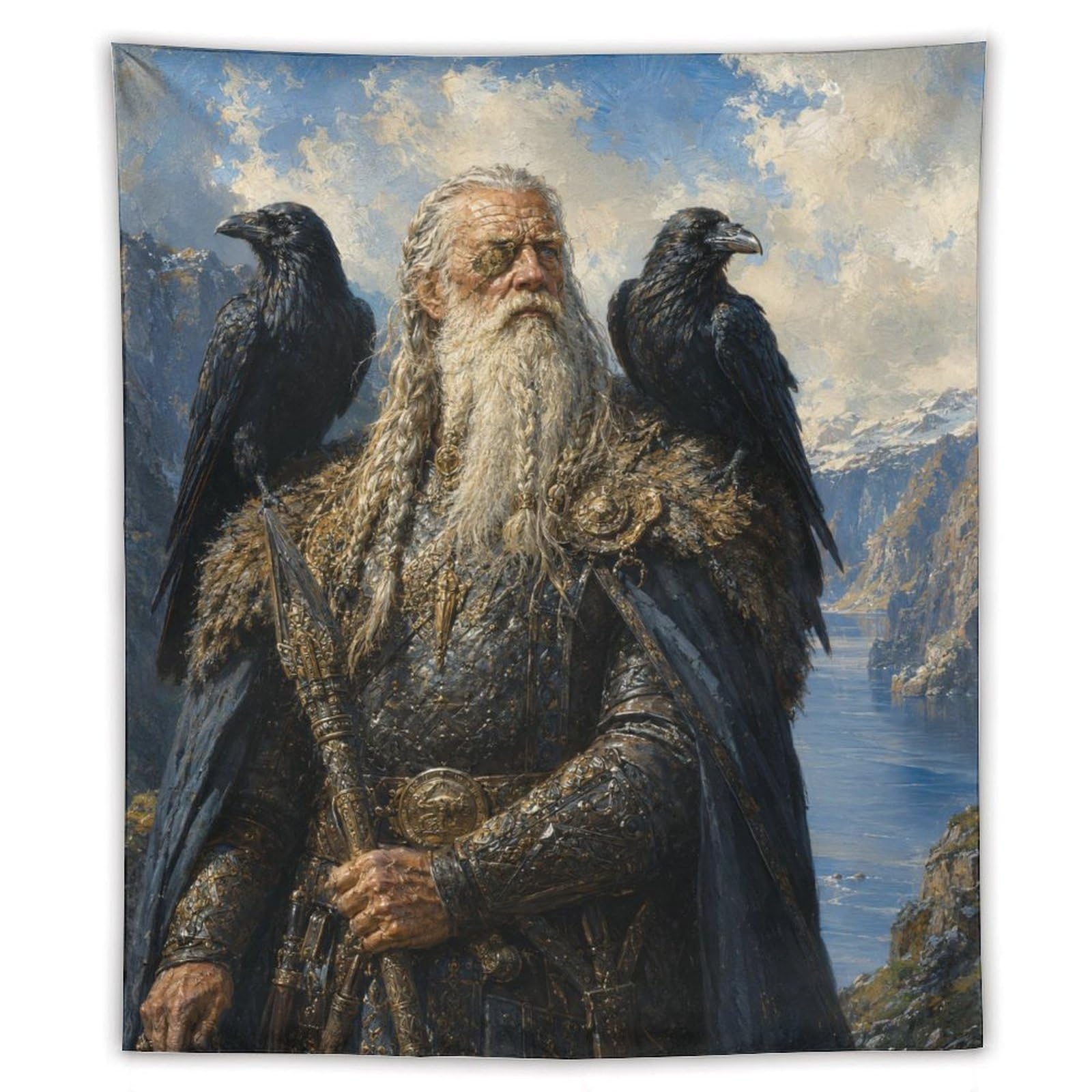 H3B8U2Y5 Odin with Ravens Wall Tapestry, Realistic Illustration Style