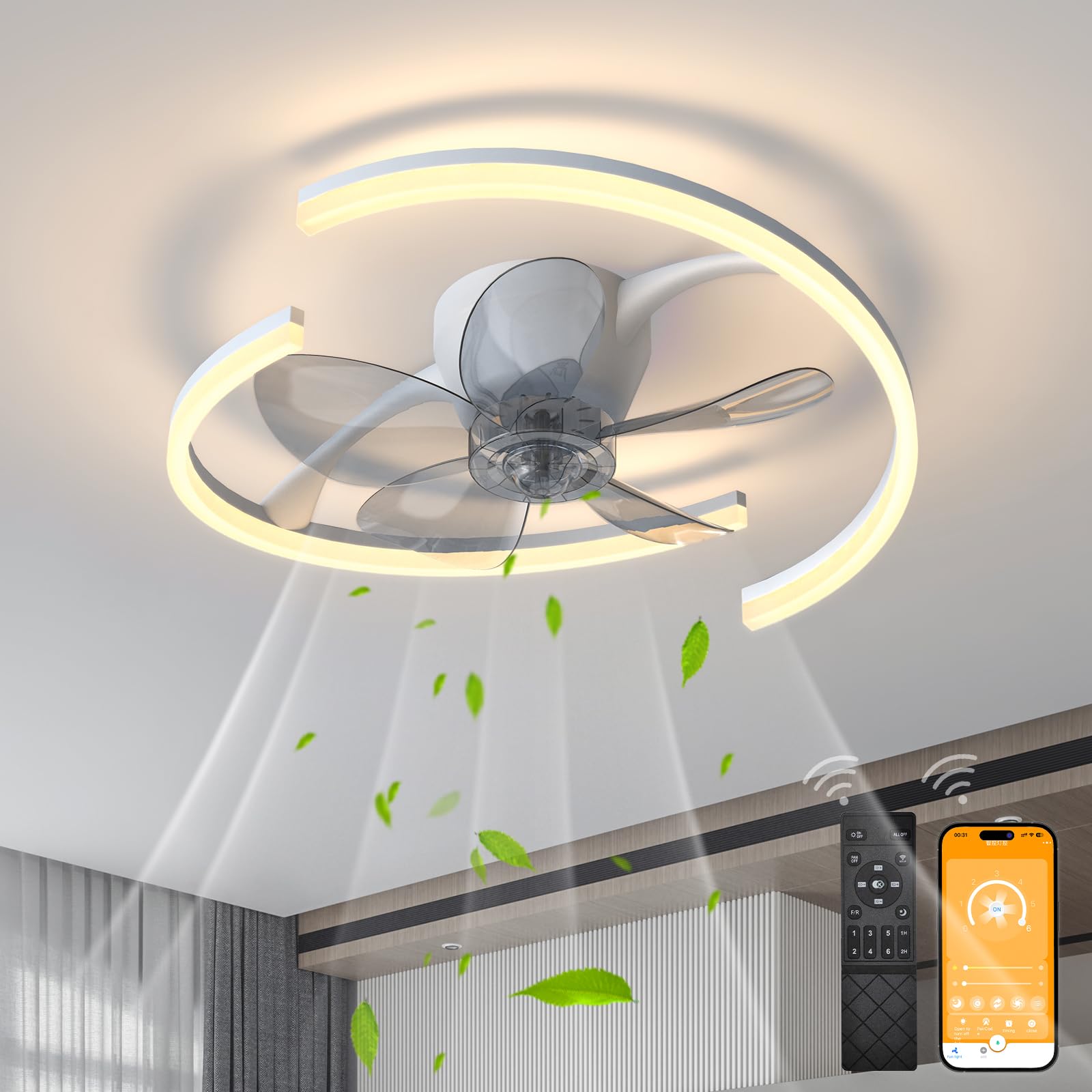 Ericlin 20" Ceiling Fans with Lights App & Remote Control, Low Profile Modern Flush Mount Ceiling Fan, Stepless Dimmable 3 Colors and 6 Speeds Timing Lighting Fixture for Bedroom Kitchen Living Room