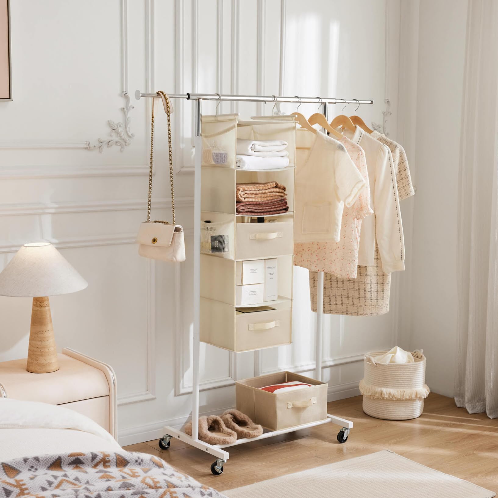 Organizador colgante de armario de 5 niveles, estante colgante de tela con 2 ganchos resistentes para almacenamiento, plegable (beige-D2) 2
