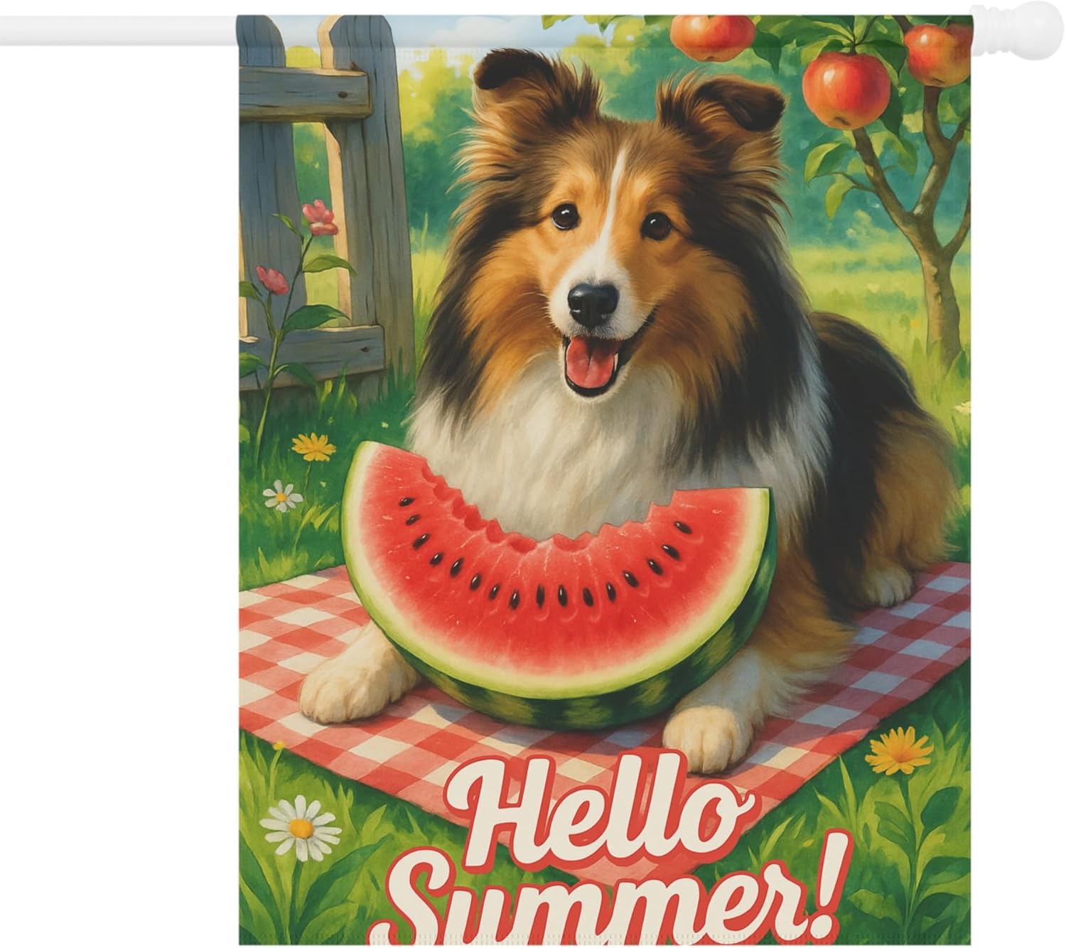 PUDDINFLAGS Garden Flag, Shetland Sheepdog, Sheltie Dog Watermelon Hello Summer Yard Sign, Picnic Housewarming Decor, Dog Mom