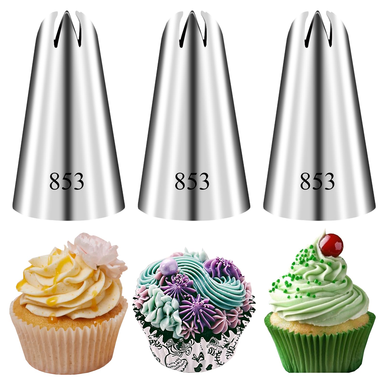 FANTEXY 3 Pieces 853 Large Piping Tips Set,Large Frosting Piping tips,Icing Tip for Cake Decorating Baking set,Stainless Steel CupCake Star Tip,Star and Flower Cupcake Decorating,Cookie Baking Supply