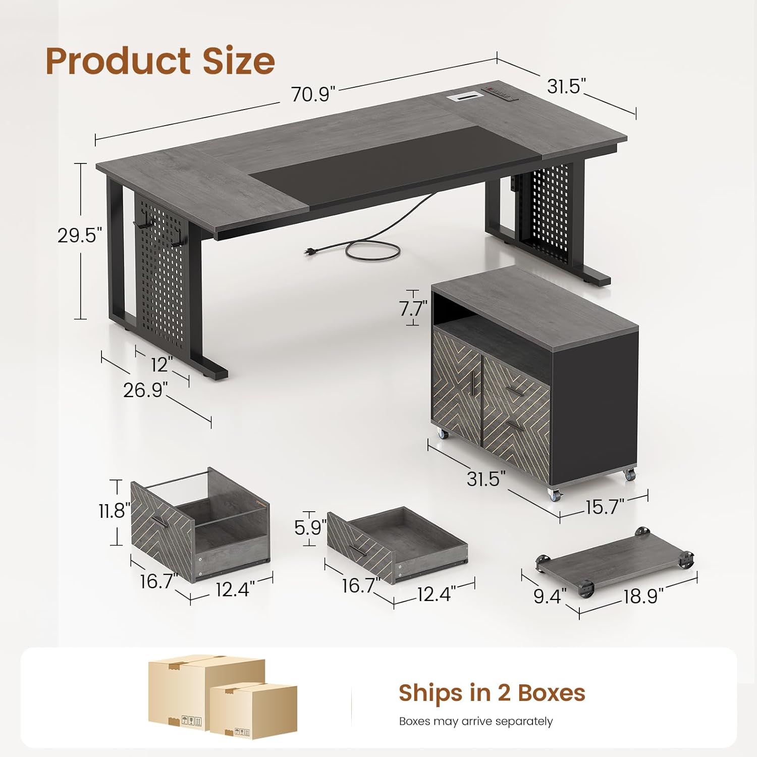 SEDETA 71" Executive Desk with Rolling File Cabinet, Large Office Desk with Drawers, L Shaped Computer Desk with Power Outlets, CPU Stand, Pegboard and Storage Shelves, Gray