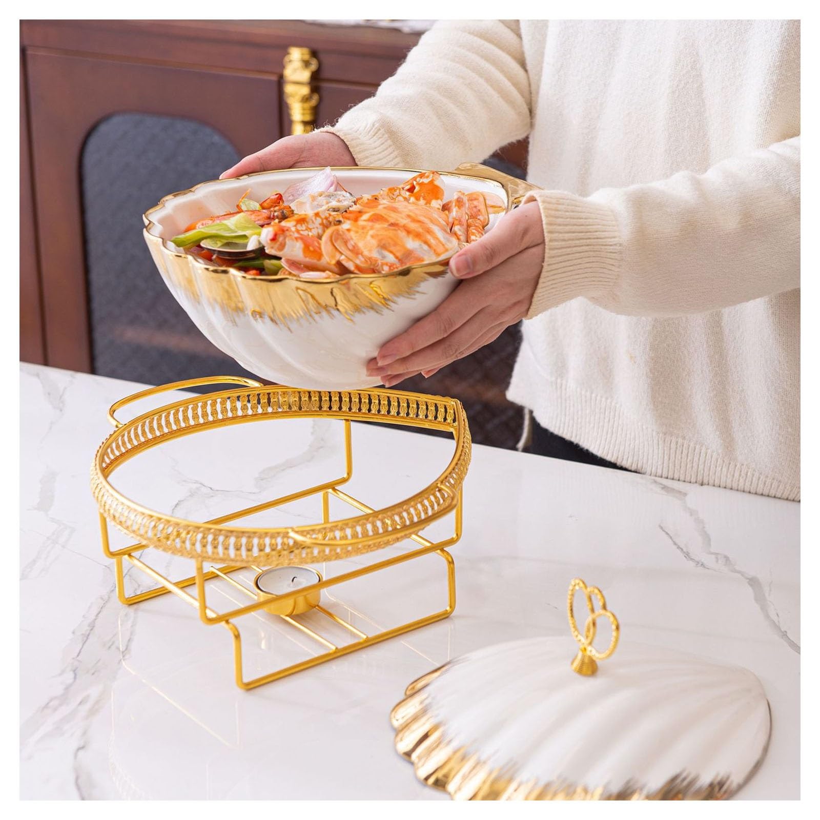 Chauffe-aliments en céramique avec couvercle, plateau chauffant pour événements de restauration, idéal pour les mariages, les fêtes et les buffets, design à 3 compartiments