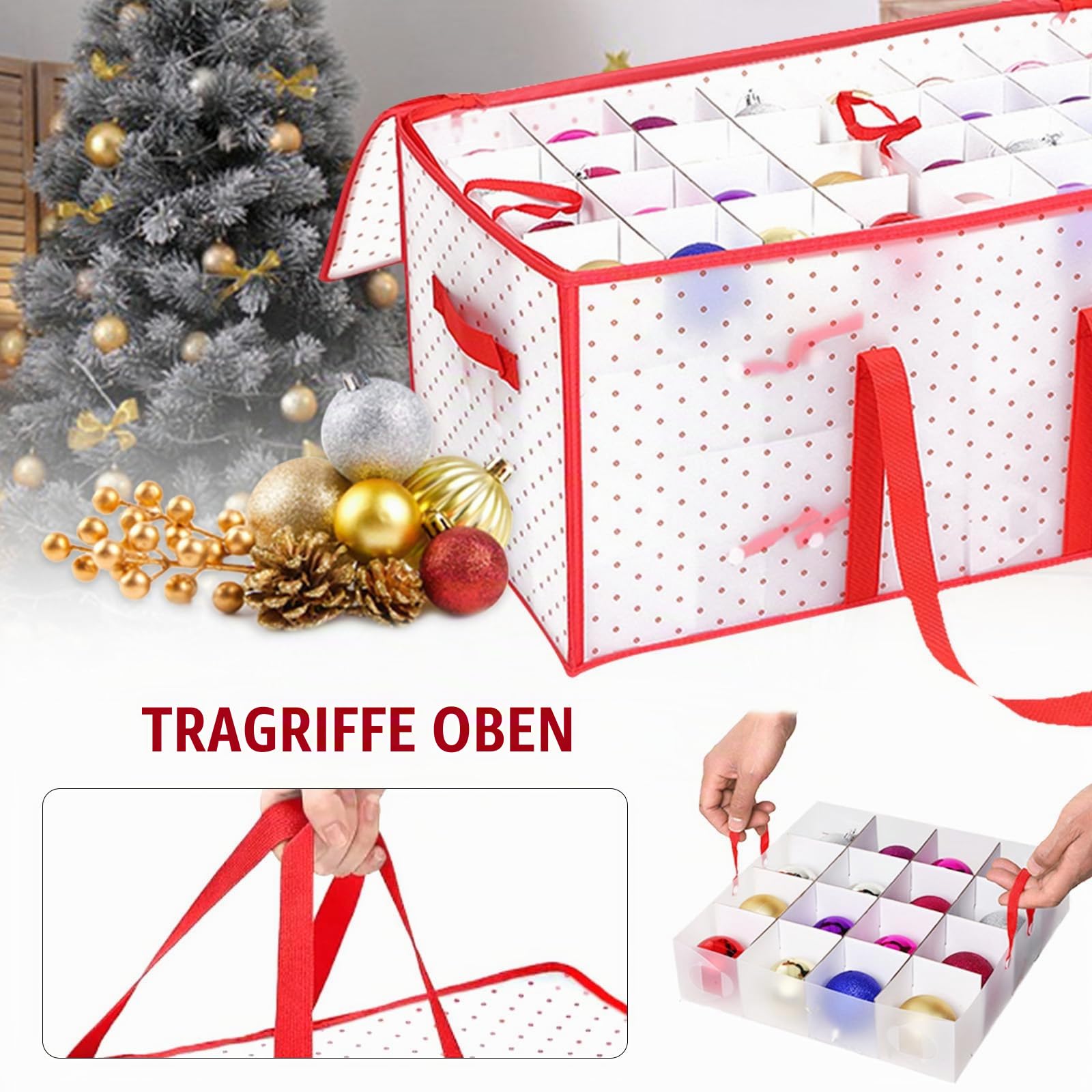 Weihnachtskugeln Aufbewahrung, XL Aufbewahrungsbox für Weihnachtskugeln mit Verstellbaren Trennwänden aus Papier 128 Fächer für Weihnachtsdekorationen oder Dekorationen, Weihnachtskugeln