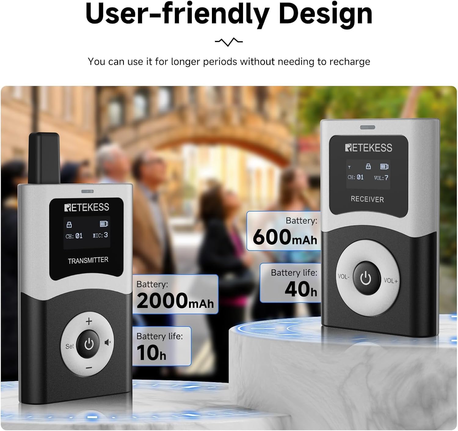 Retekess T130U(4nd Gen T130) Audio Tour Guide System, U-Band, 60-Slot Charge Case, 200m, One-Key Operation, Wireless Tour Guide Microphone and Speaker, for Tourist Groups(4 Transmitter 60 Receivers)