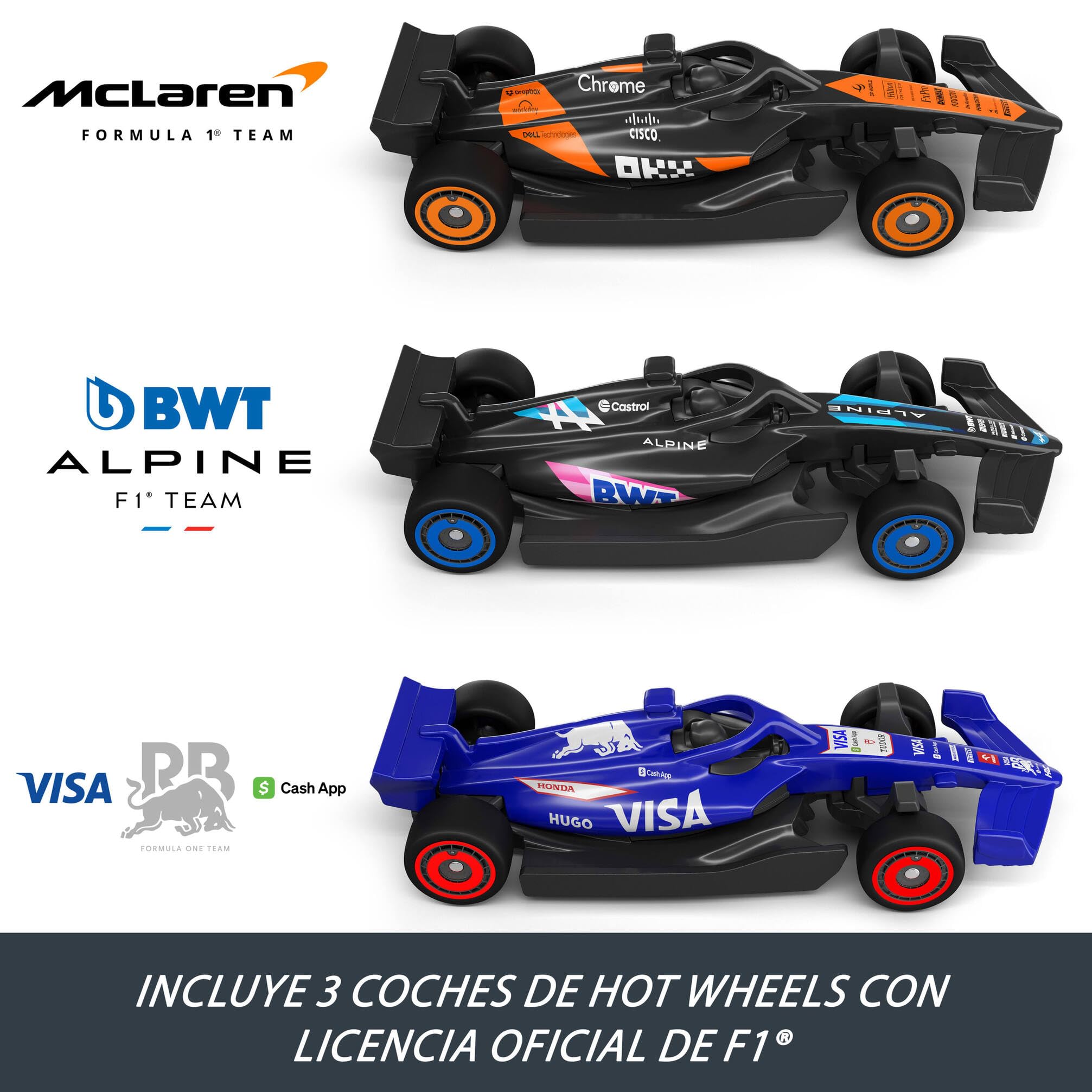 Hot Wheels Conjunto de pista coches de juguete, 3 vehículos metálicos de Formula 1 a escala 1:64: McLaren F1 Team, Alpine y VCARB, Circuito de carreras a gran velocidad uno contra uno, JDY15