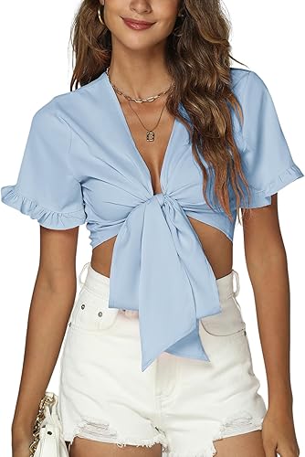 Miniatura 4 de LYANER Blusa corta de manga corta con cuello en V profundo para mujer, nudo frontal y volantes