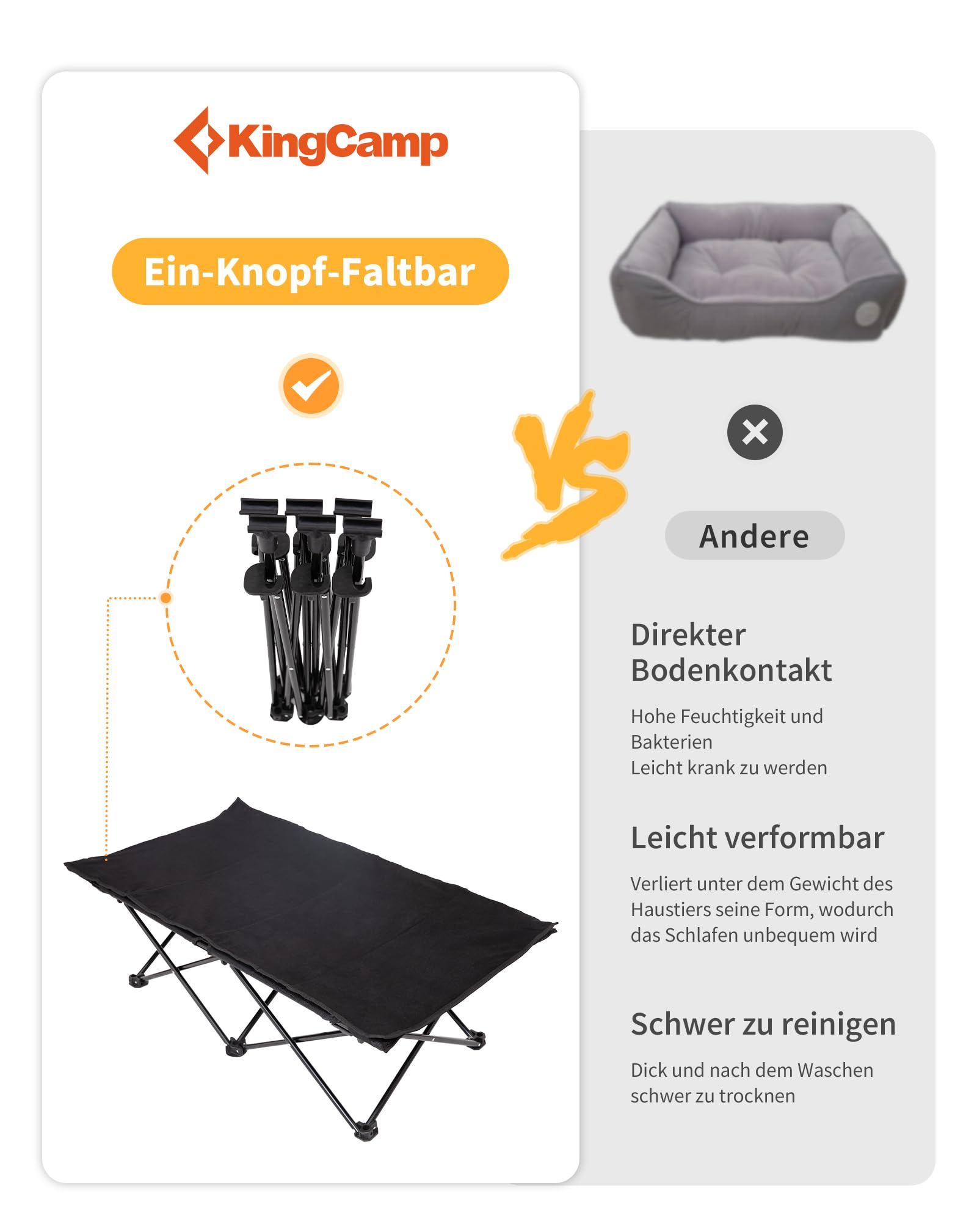 KingCamp Erhöhtes Hundebett Hundeliege Outdoor Haustierbett Haustierliege Atmungsaktivem Mesh & Wildledermatte & Rutschfesten Füßen für Reisen Garten Outdoor Indoor, Schwarz 121 × 68 × 30 cm