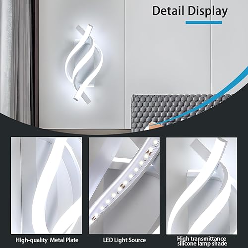 Miniatura 4 de AUA Aplique de pared LED, lámpara de pared moderna en espiral de 21 W, 6500 K, luz blanca fría de pared interior para dormitorio, sala de estar,