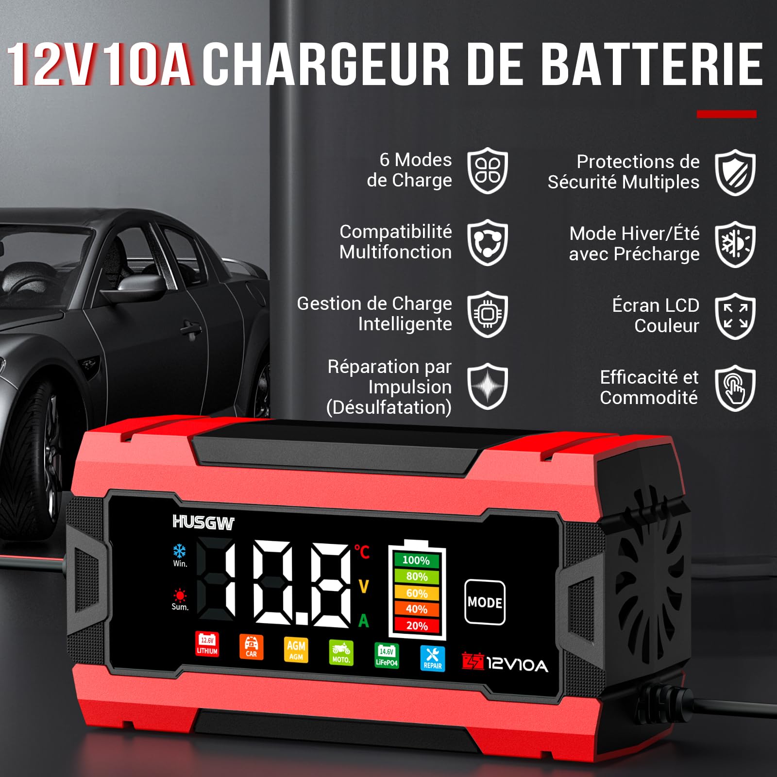 10A Chargeur de Batterie Voiture, 12V 10A LiFePO4 Chargeur Batterie pour Moto avec Réparation Automatisée, 6 Modes Maintien de Chargeur Batterie avec Écran LCD pour AGM/Gel/Wet/SLA