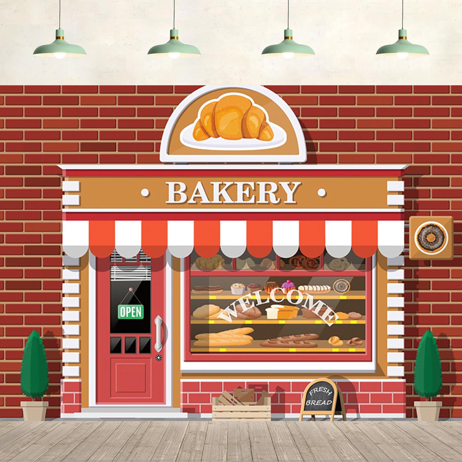 10x8ft Cartoon Bakery Shop Background Bread Donut Dessert Shop Brick Wall Photography Backdrop Kids Children Portrait Birthday Party Supplies Cake
