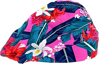 Working Cap with Button and Sweatband Adjustable Tie Back Bouffant Hats Printed Multi Color for Woman ManFloral